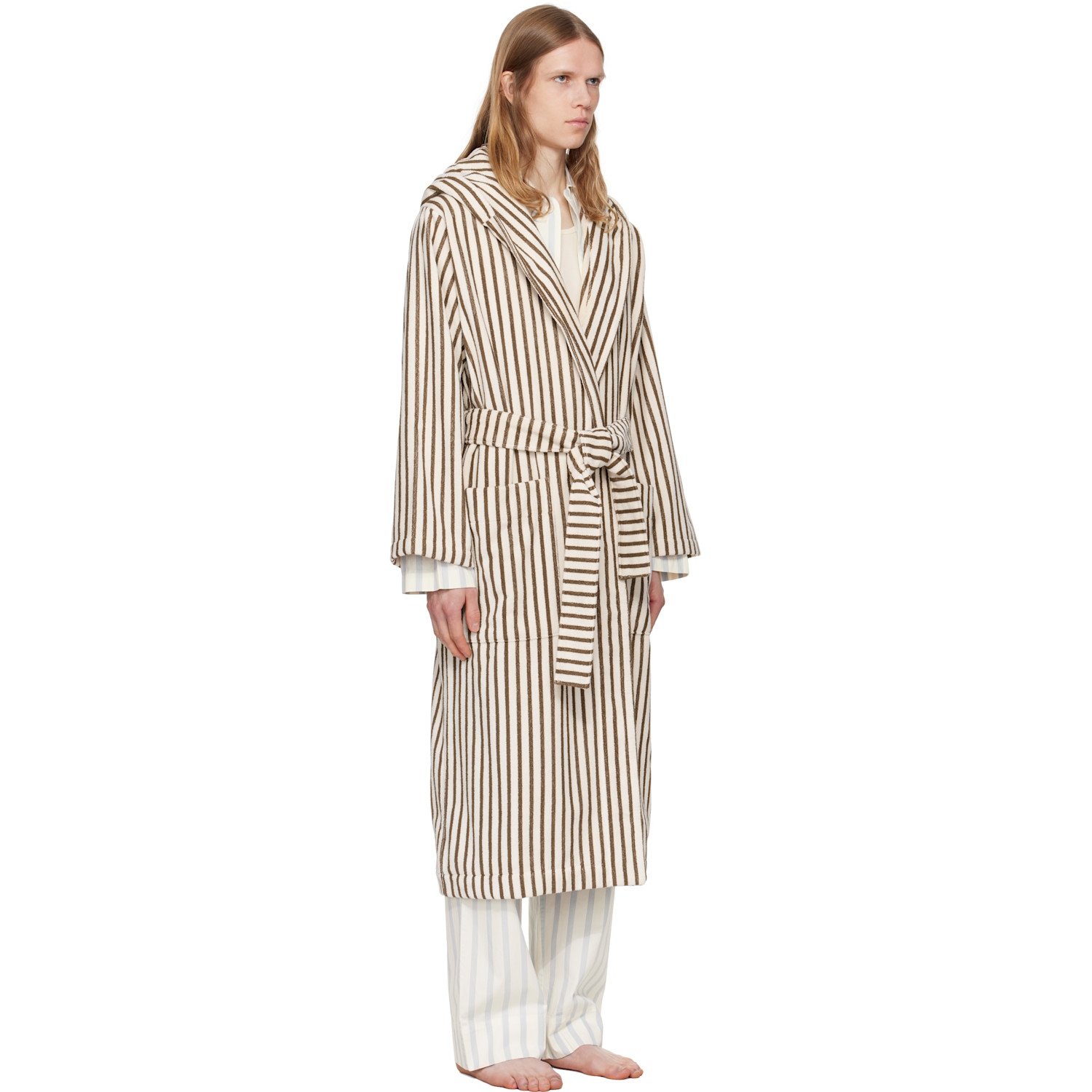  Tekla Off-white & Brown Terry Hooded Bathrobe 