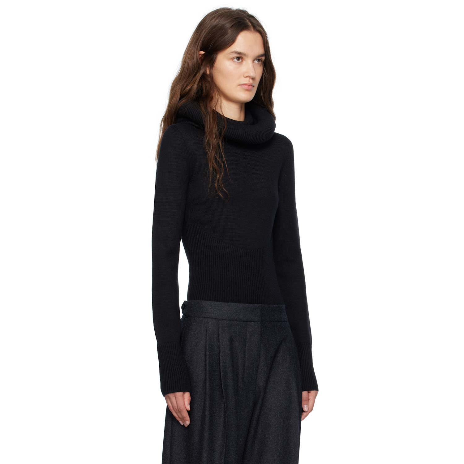  Alaïa Black Sculptural Hood Ribbed Knit Turtleneck 