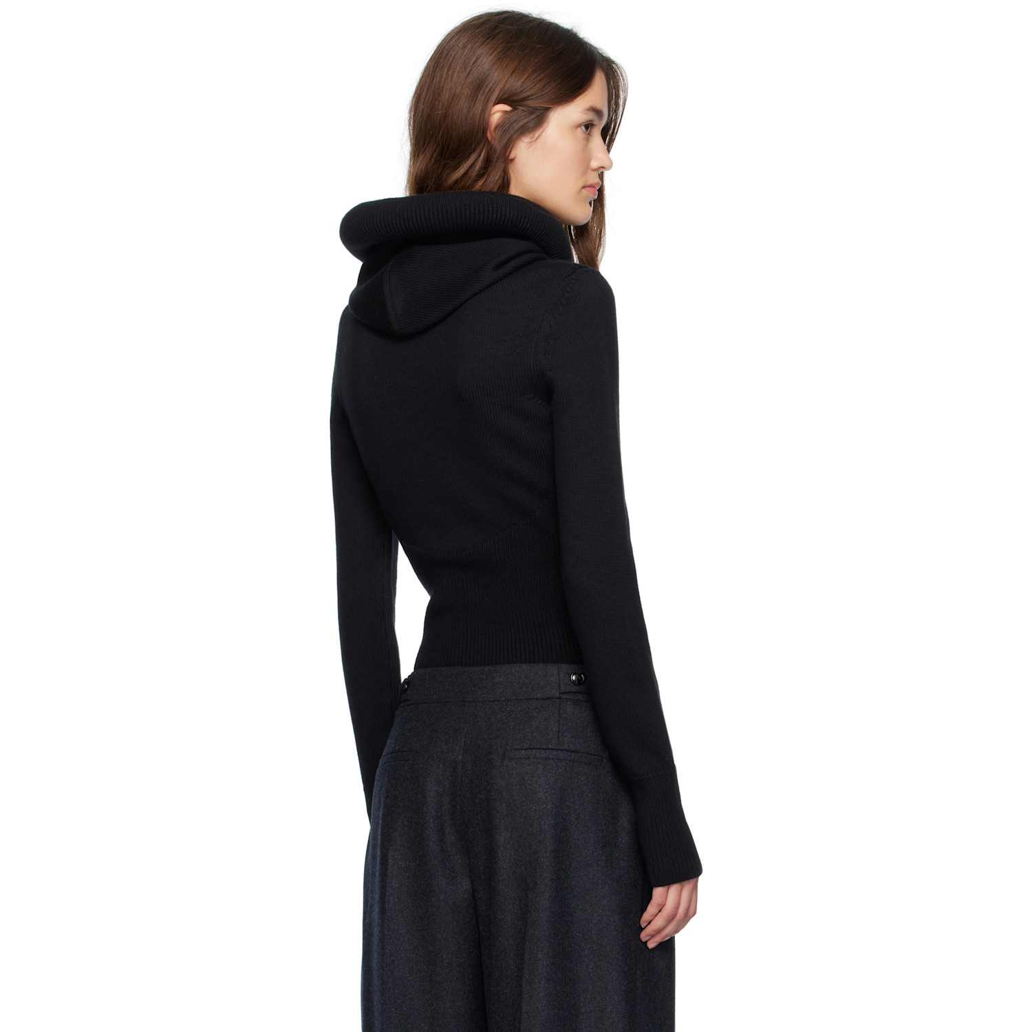  Alaïa Black Sculptural Hood Ribbed Knit Turtleneck 