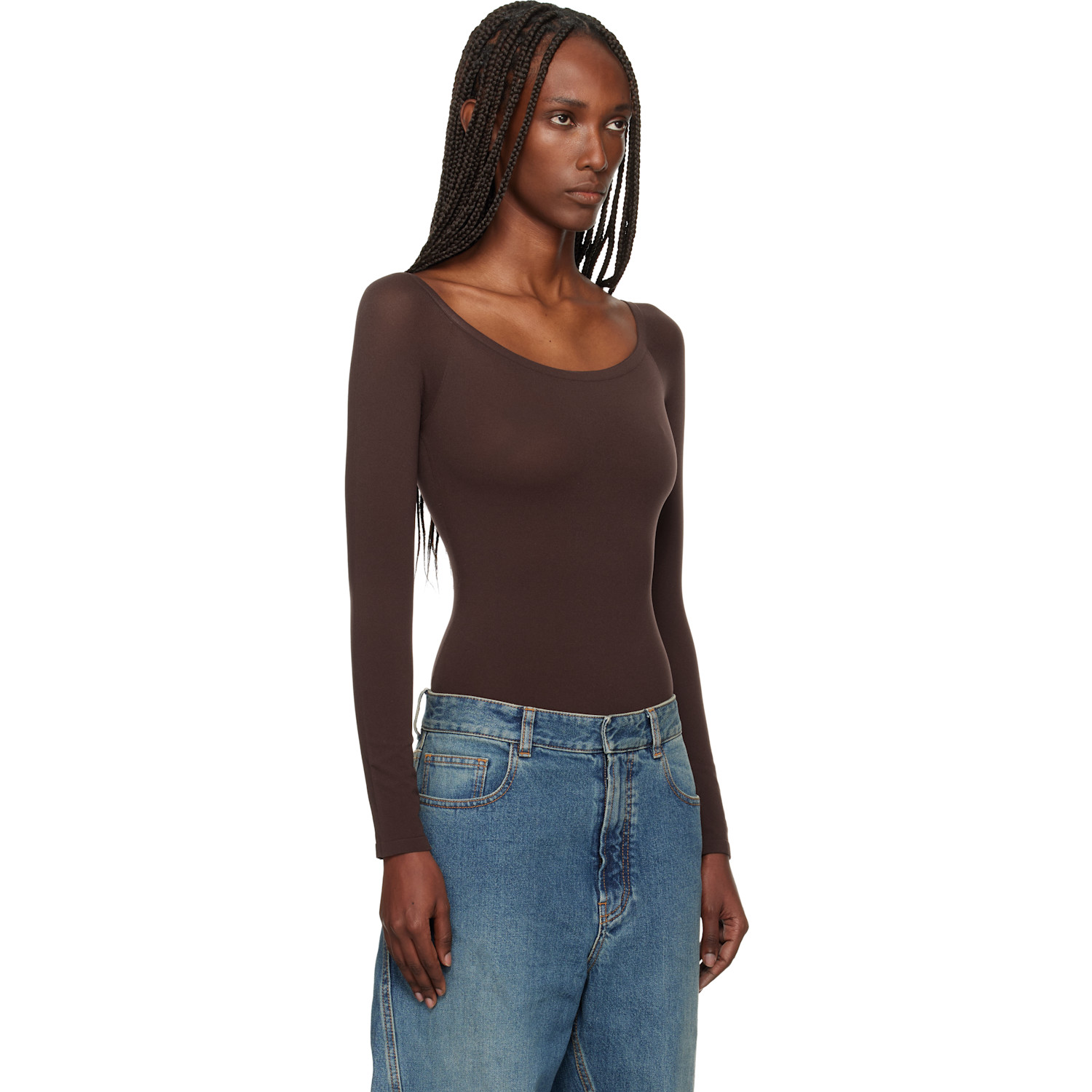  Alaïa Brown Second Skin Knit Off-shoulder Bodysuit 