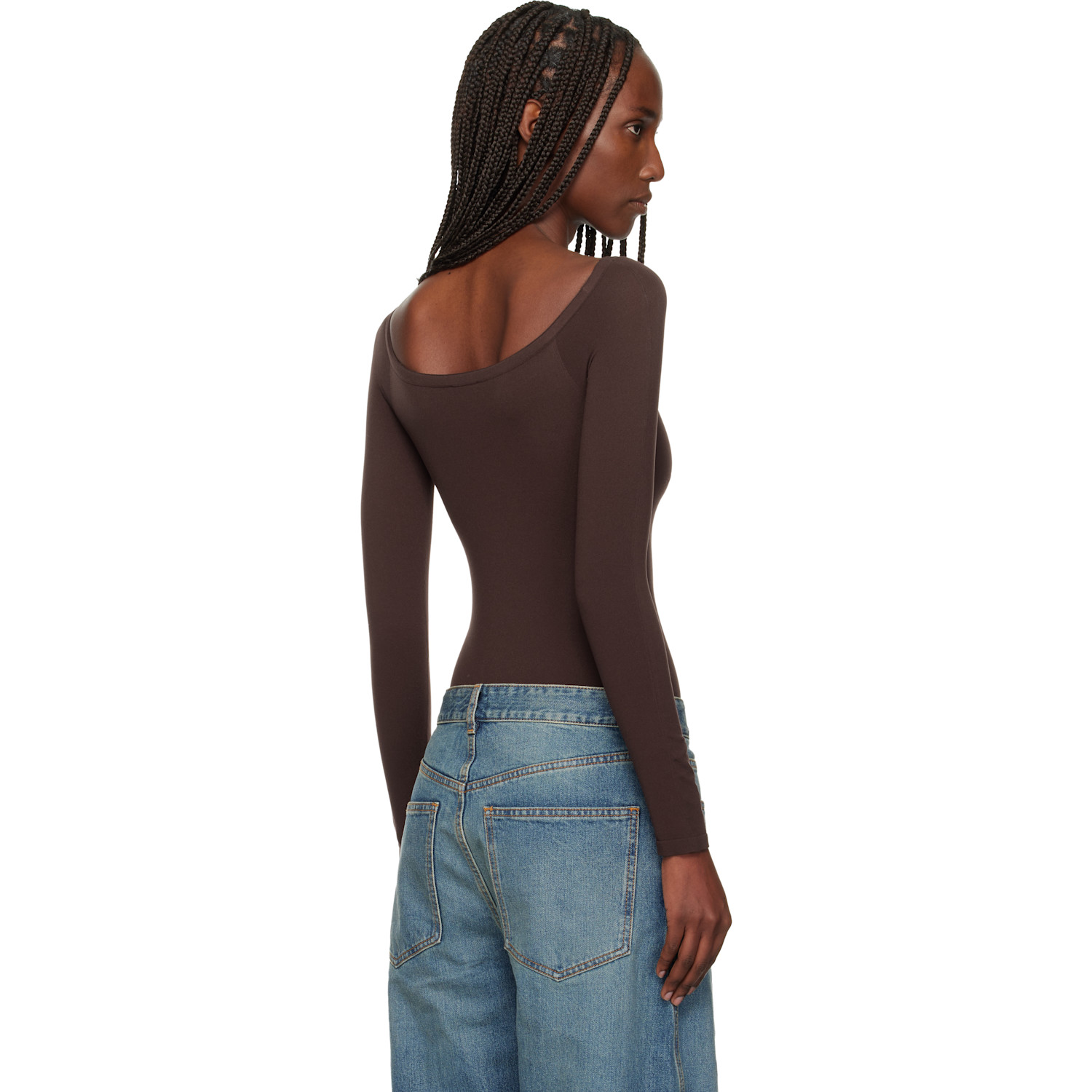  Alaïa Brown Second Skin Knit Off-shoulder Bodysuit 