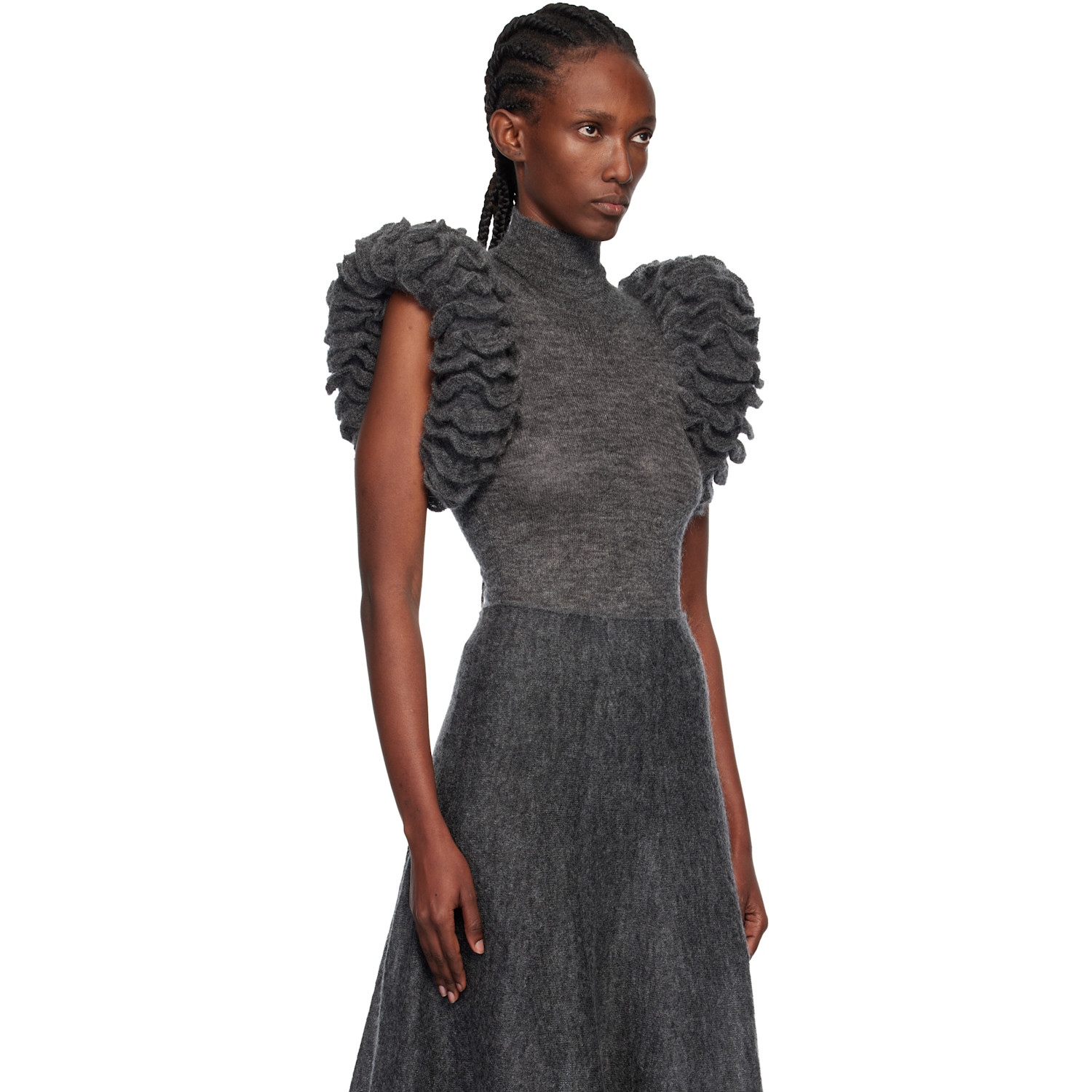  Alaïa Gray Mohair Knit Sculptural Ruffle Bodysuit 