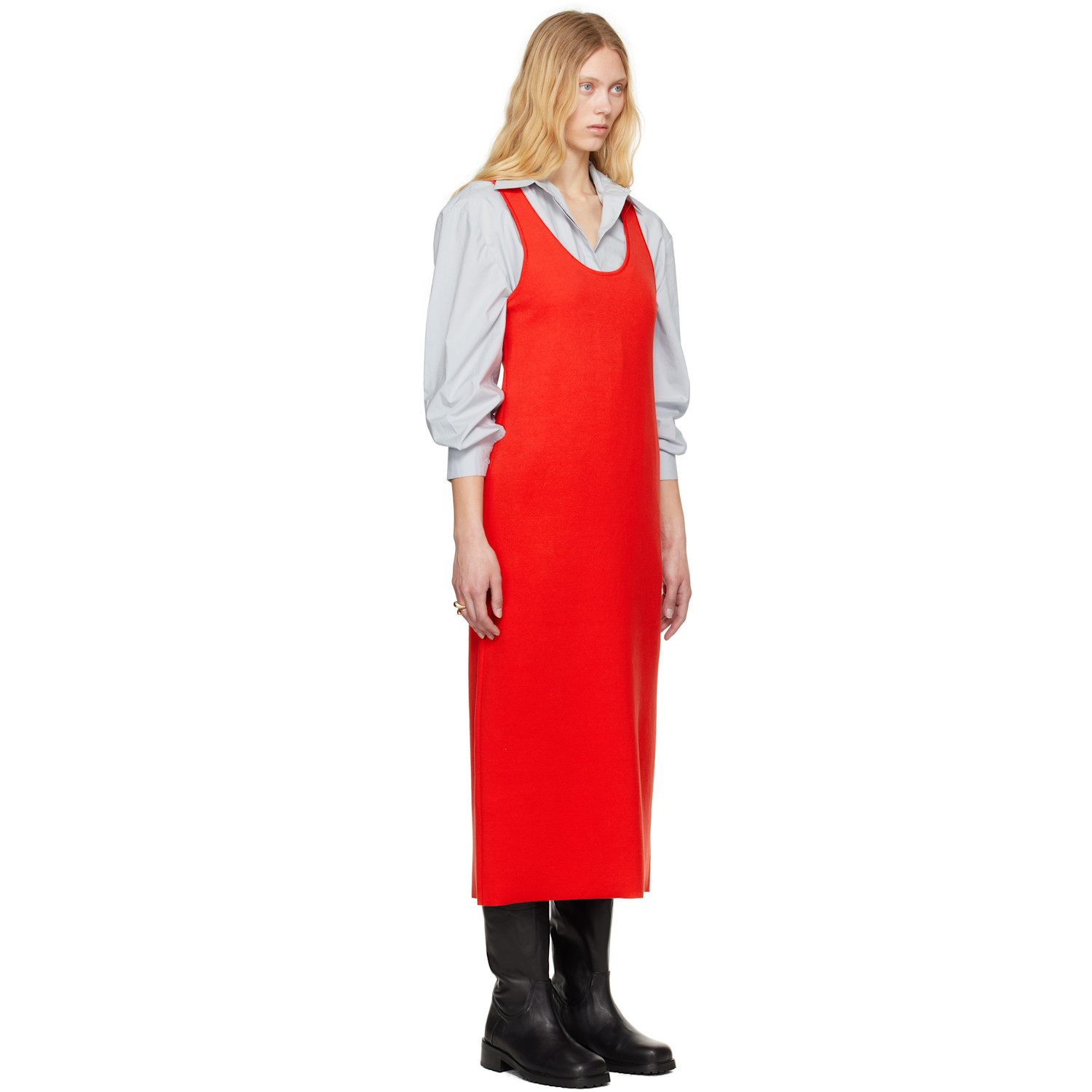  Auralee Red Cotton Silk Stretch Knit Midi Dress 