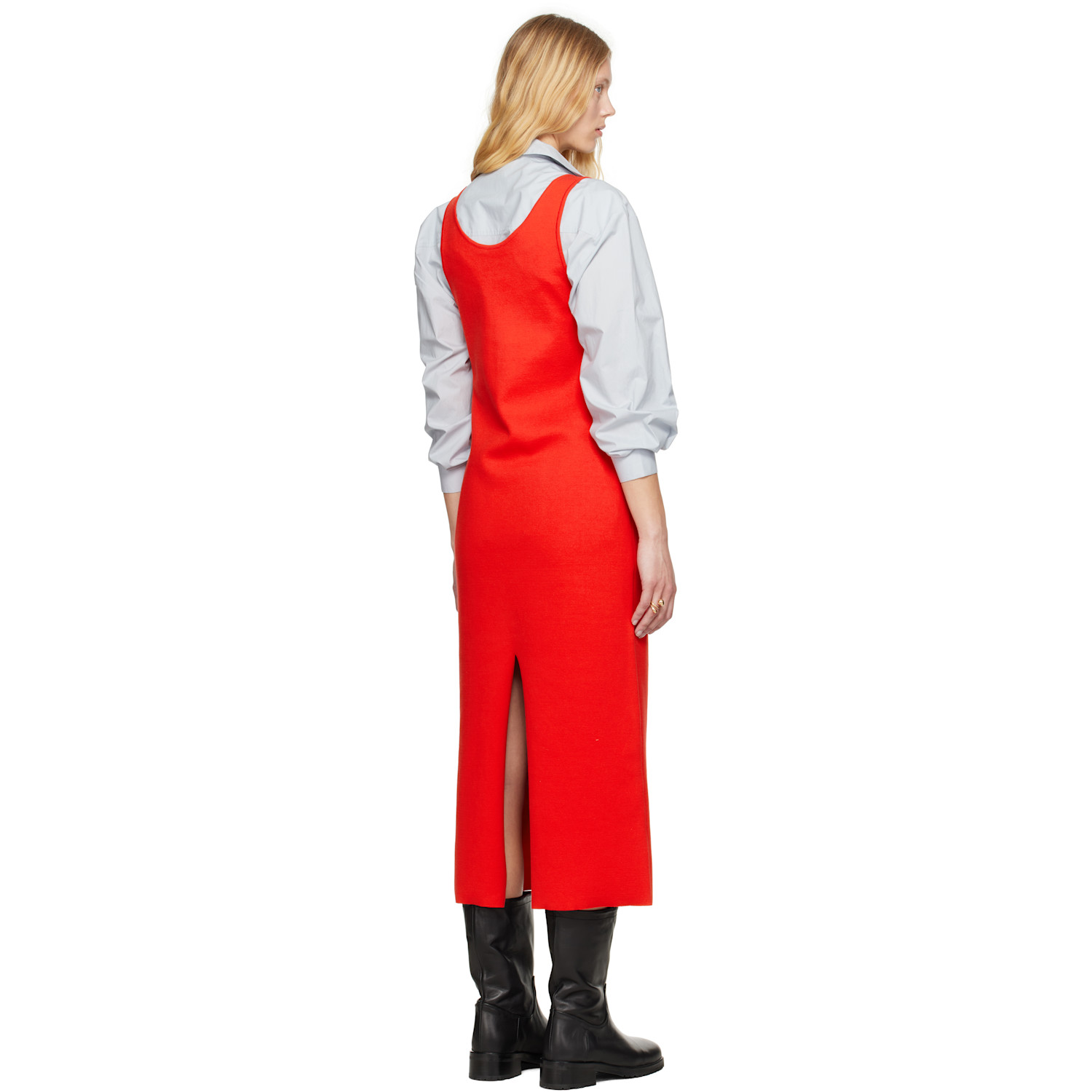  Auralee Red Cotton Silk Stretch Knit Midi Dress 