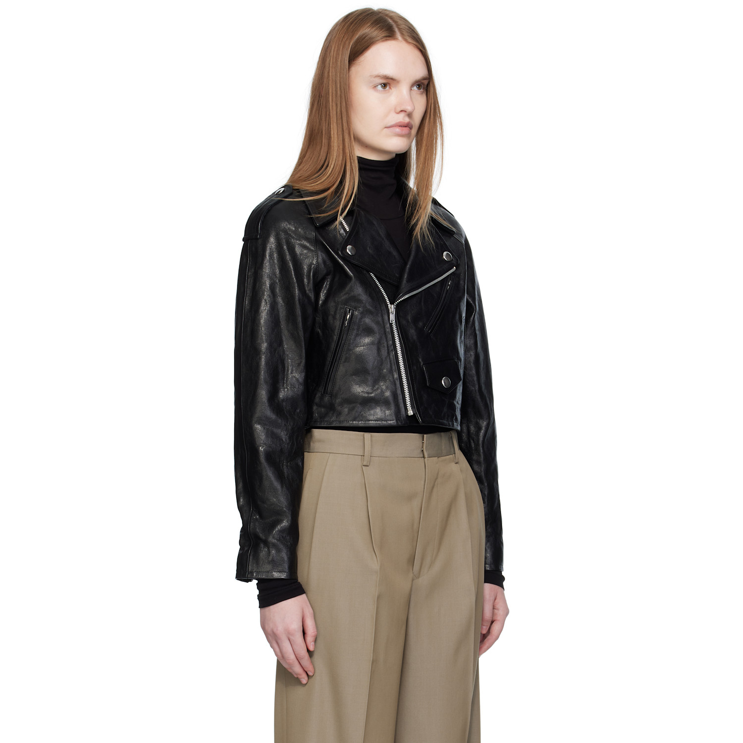  Auralee Black Cropped Riders Lamb Leather Jacket 