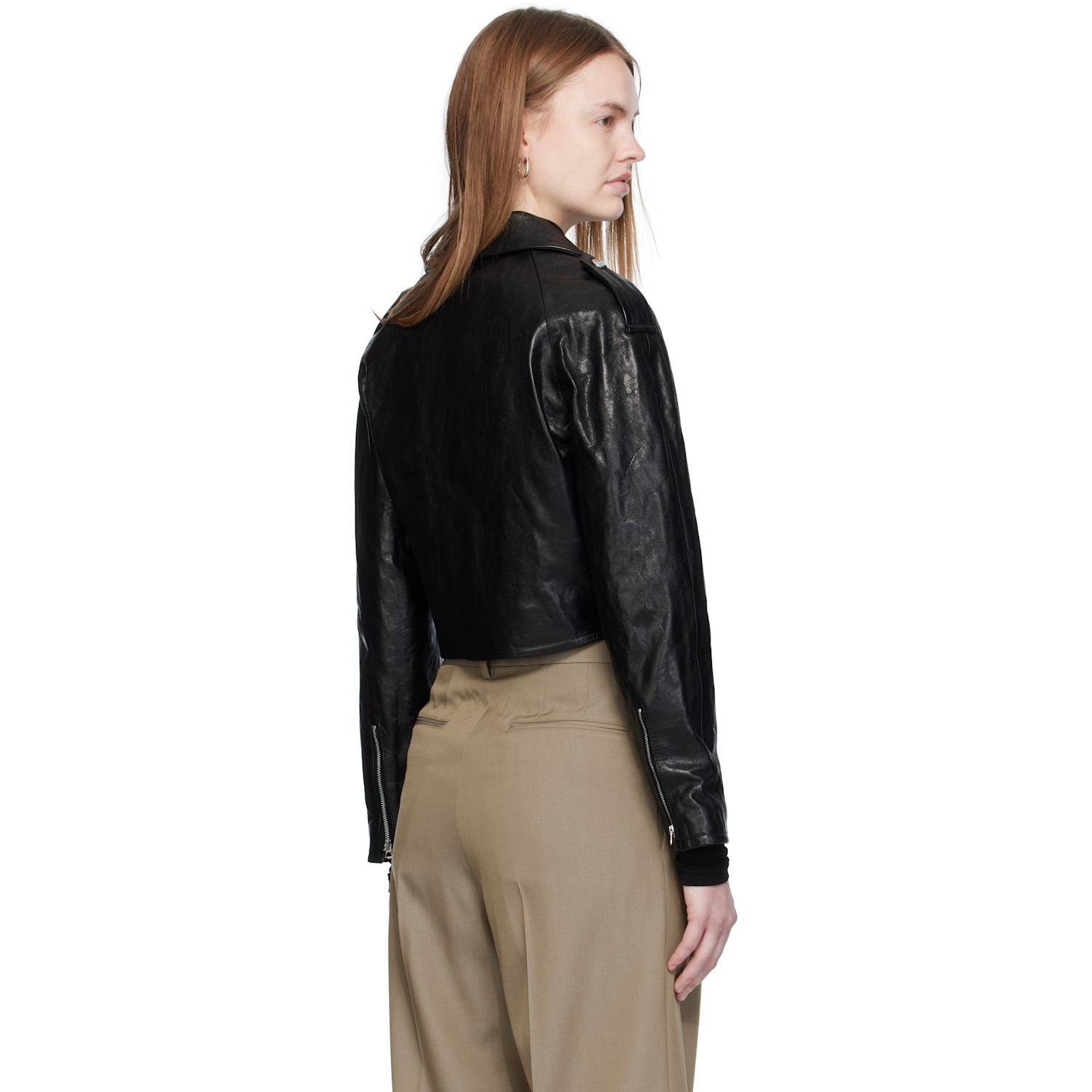  Auralee Black Cropped Riders Lamb Leather Jacket 