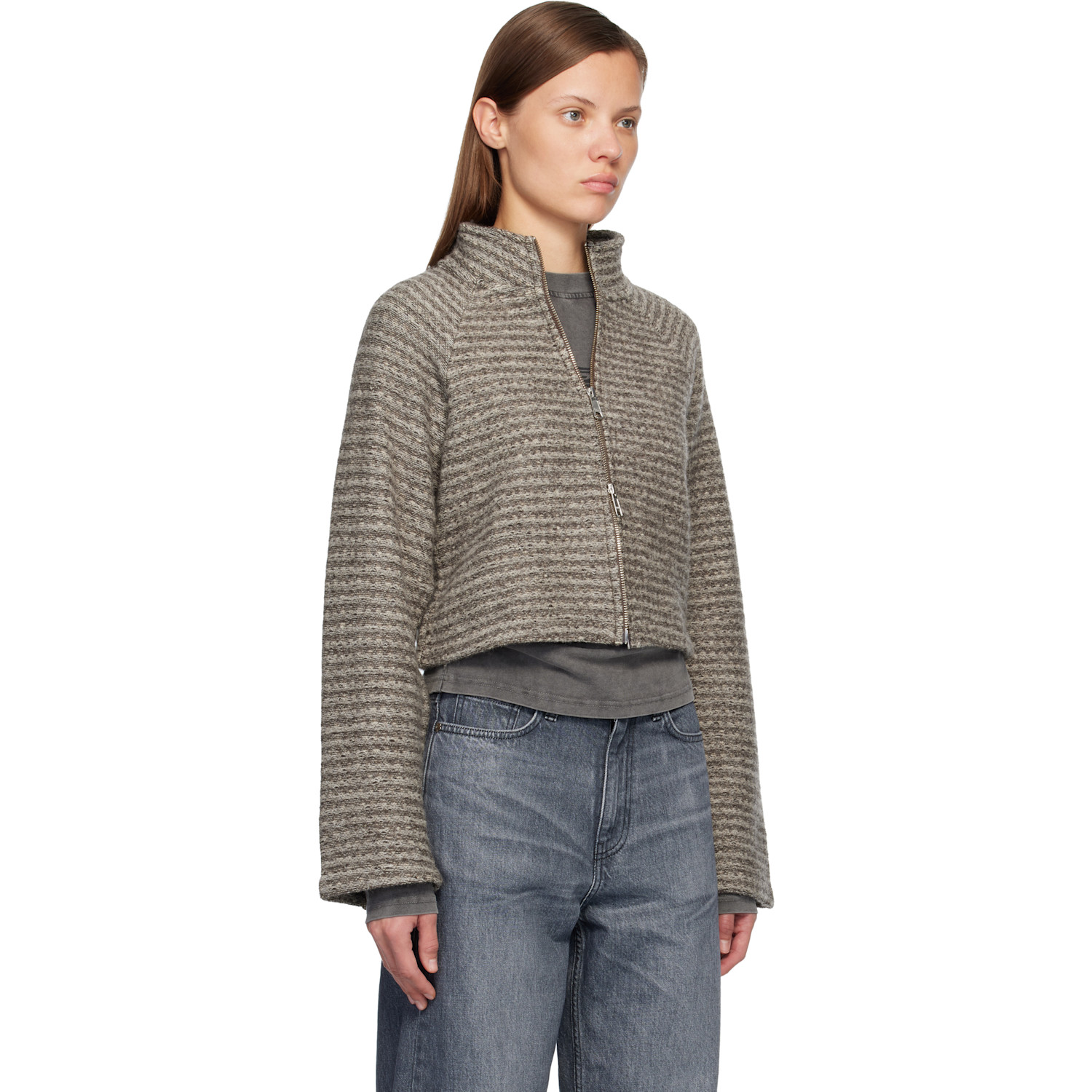  Mfpen Gray Cropped Leisure Zip Up Jacket 