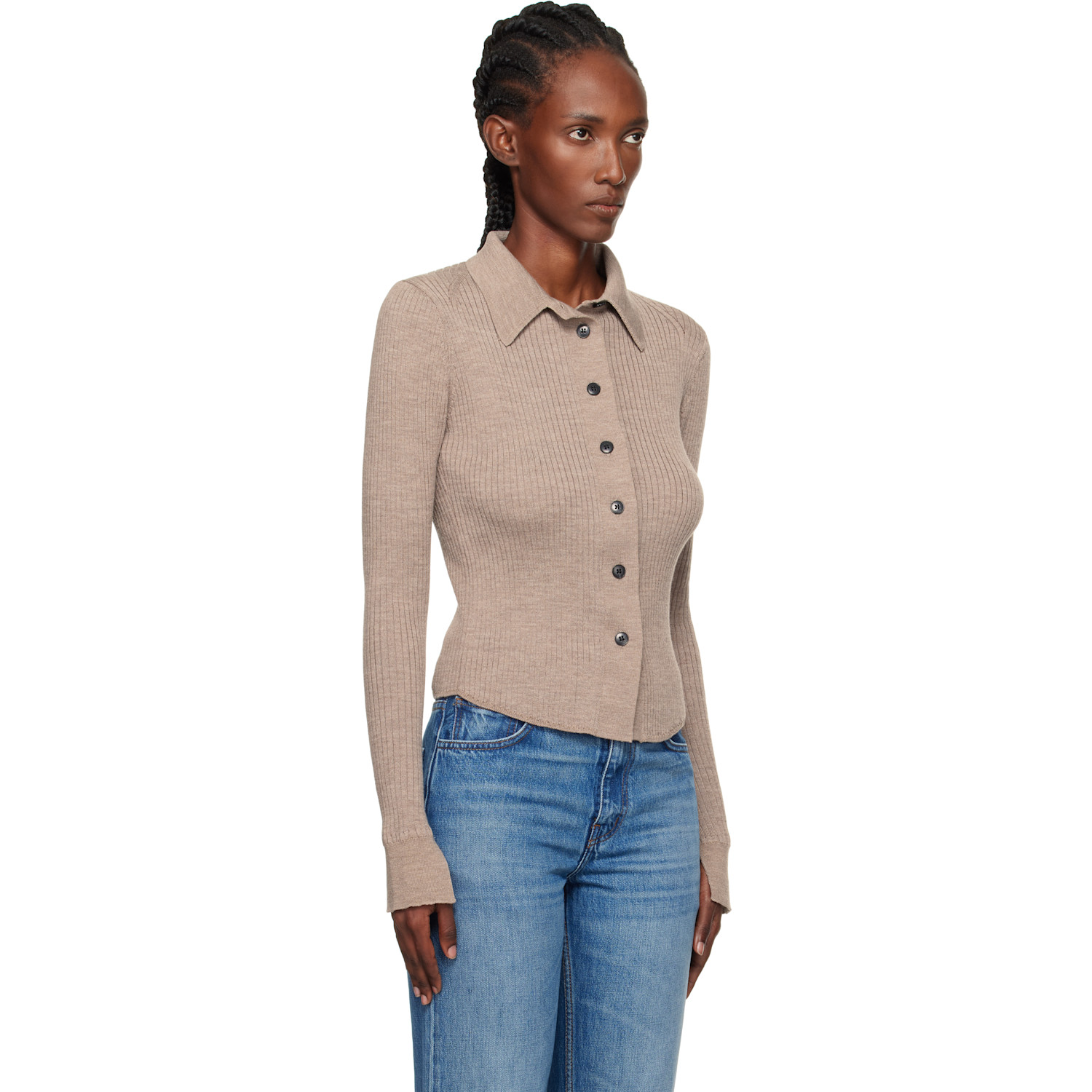  Mfpen Beige Knitted Rib Cardigan 