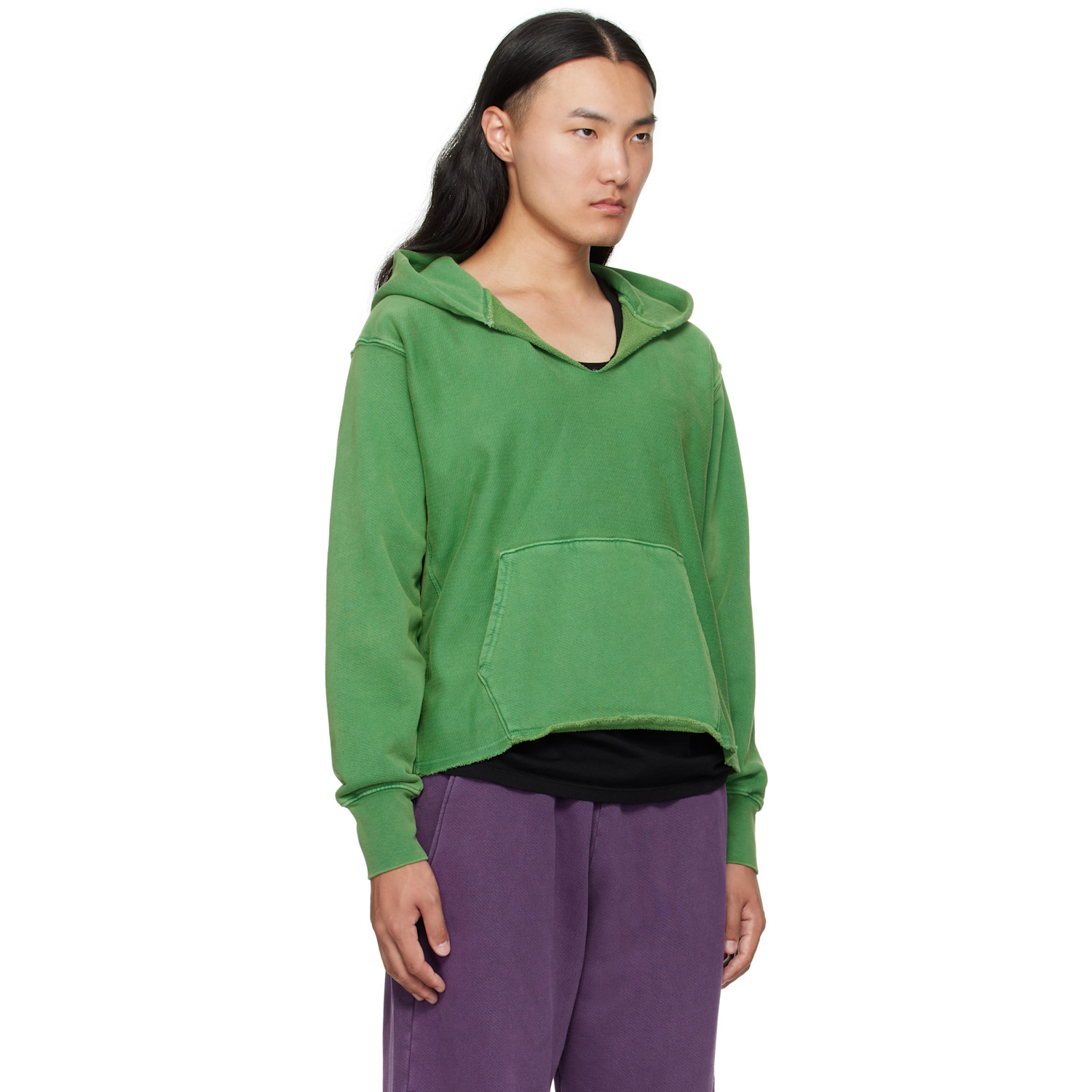 Les Tien Green Heavyweight Raw Cropped Hoodie 