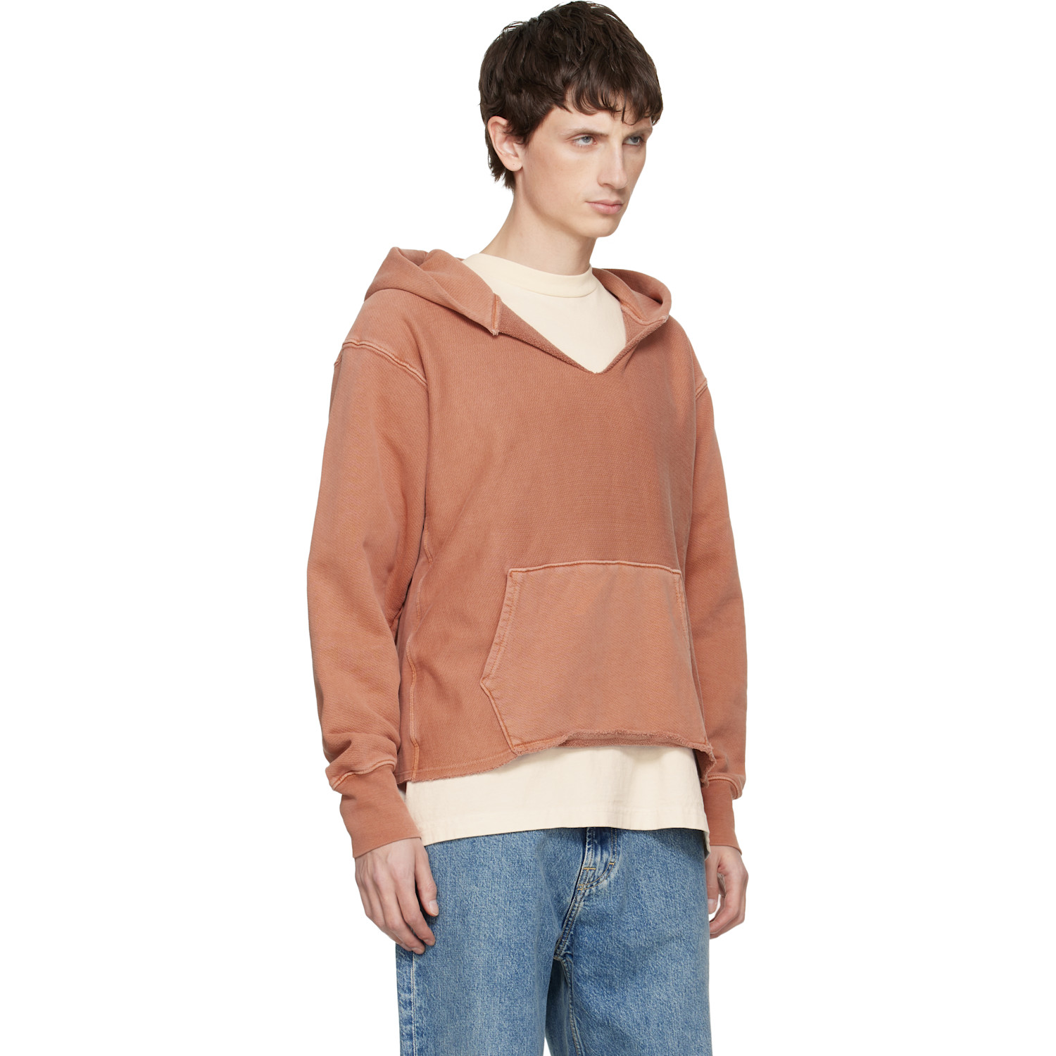  Les Tien Orange Heavyweight Raw Cropped Hoodie 