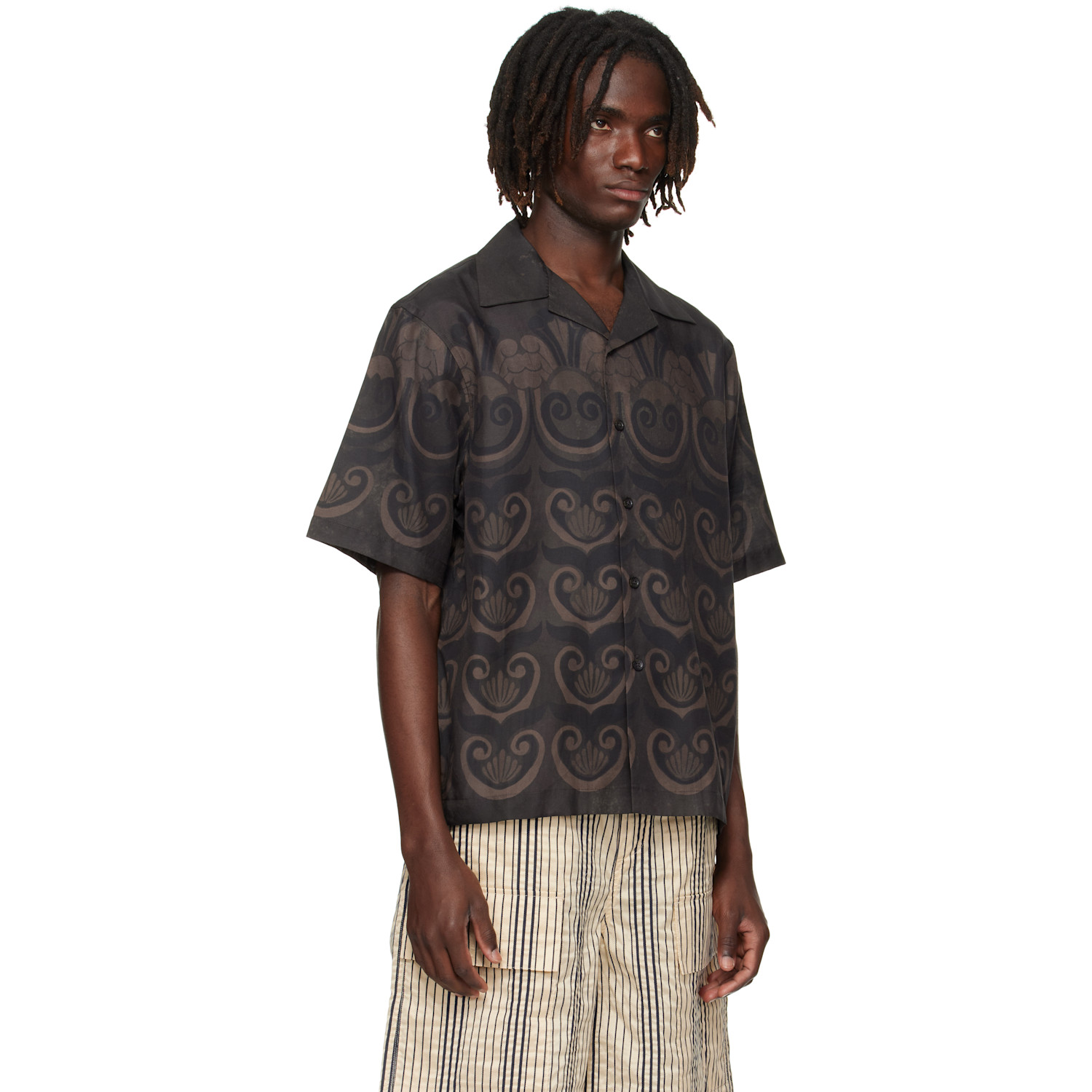  Commas Brown Painted Shell Silk Camp Collar Shirt 