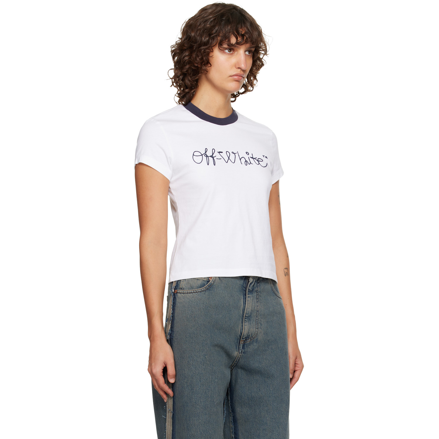  Off-white White Embroidered Script Logo Fitted T-shirt 