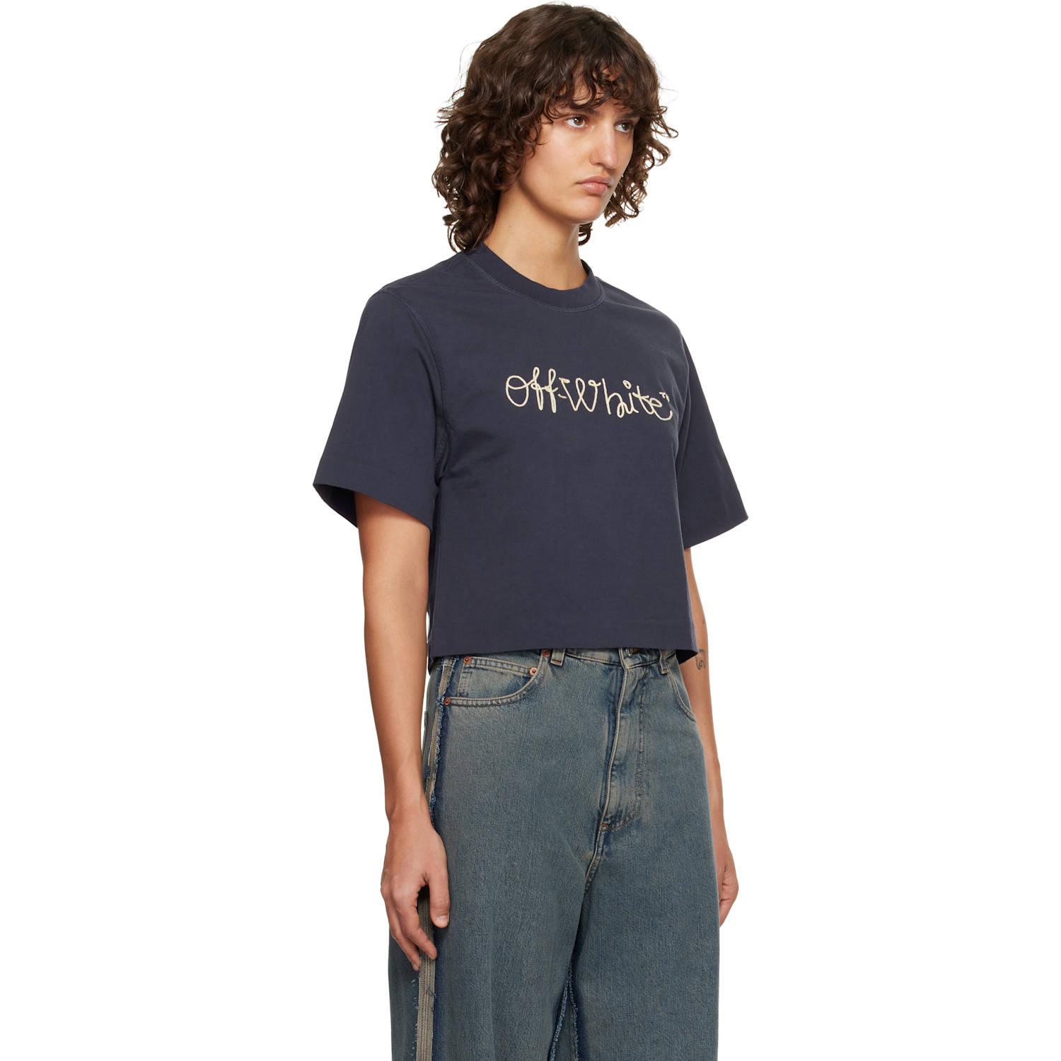  Off-white Navy Embroidered Script Logo Crop Logo T-shirt 