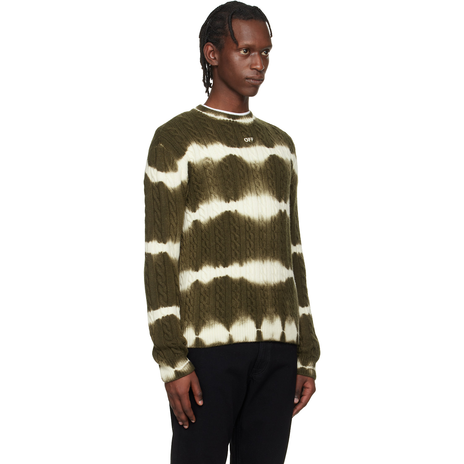  Off-white Khaki & White Off Stamp Cable Knit Crewneck Sweater 
