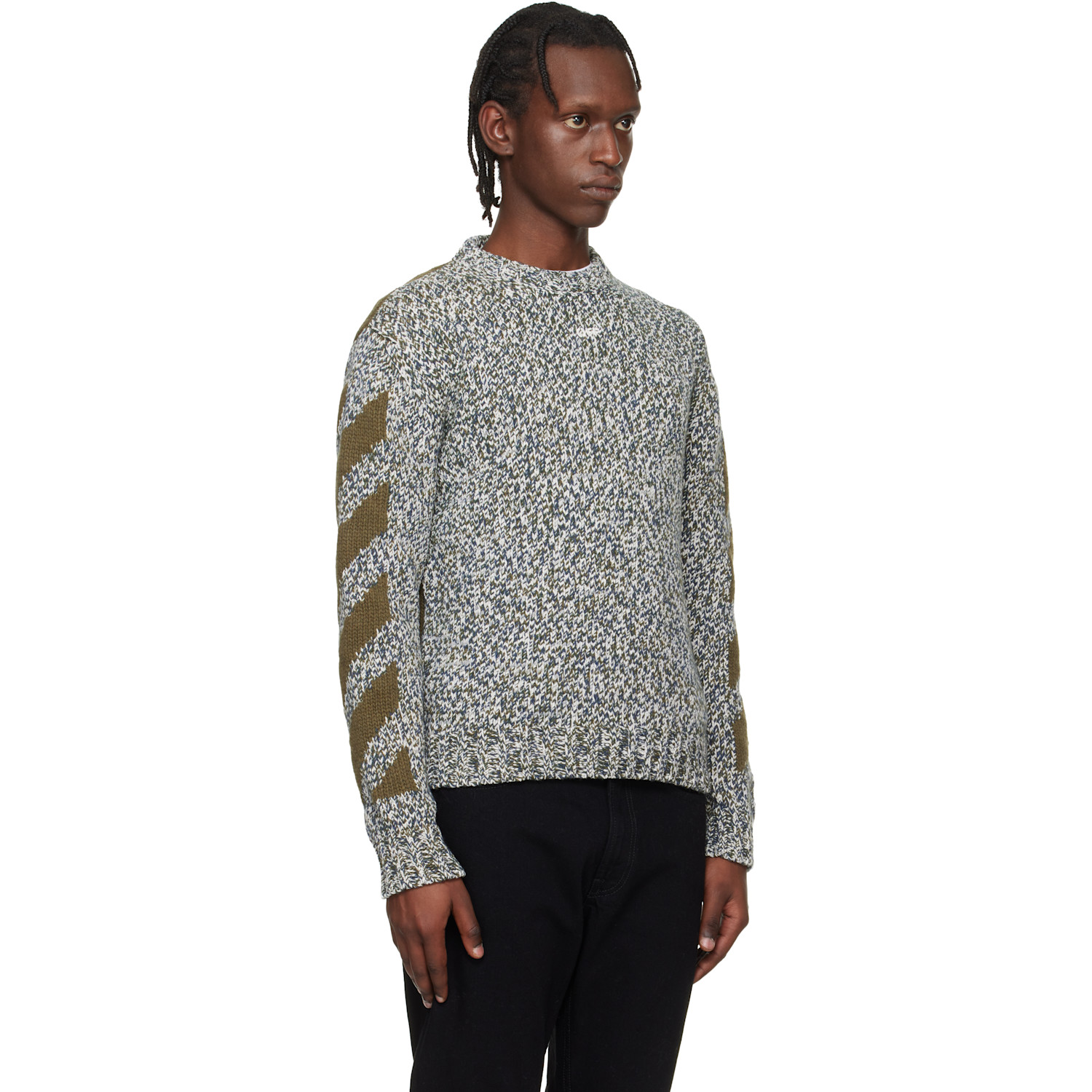  Off-white Gray & Khaki Diagonal Arrow Mouliné Knit Crewneck Sweater 