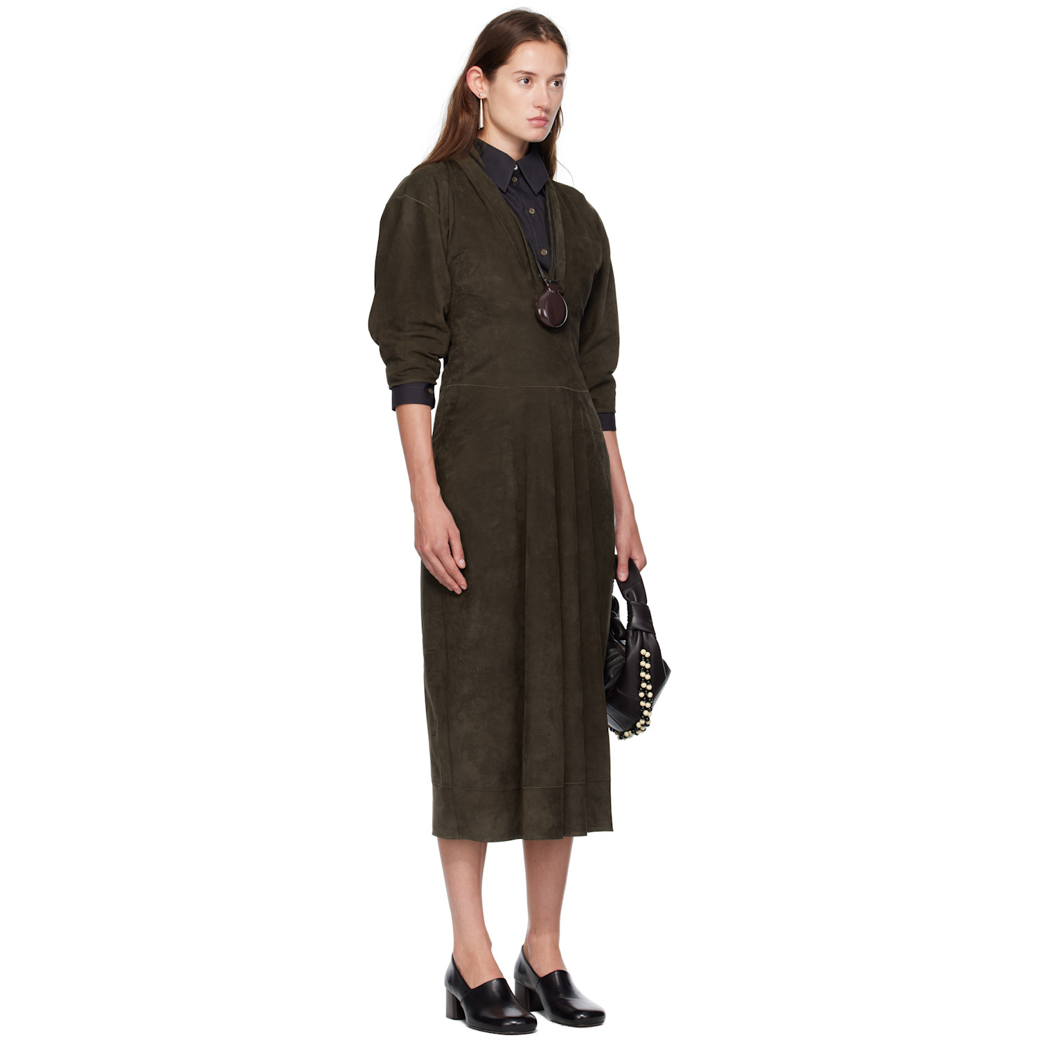  Lemaire Khaki V-neck Nubuck Midi Dress 