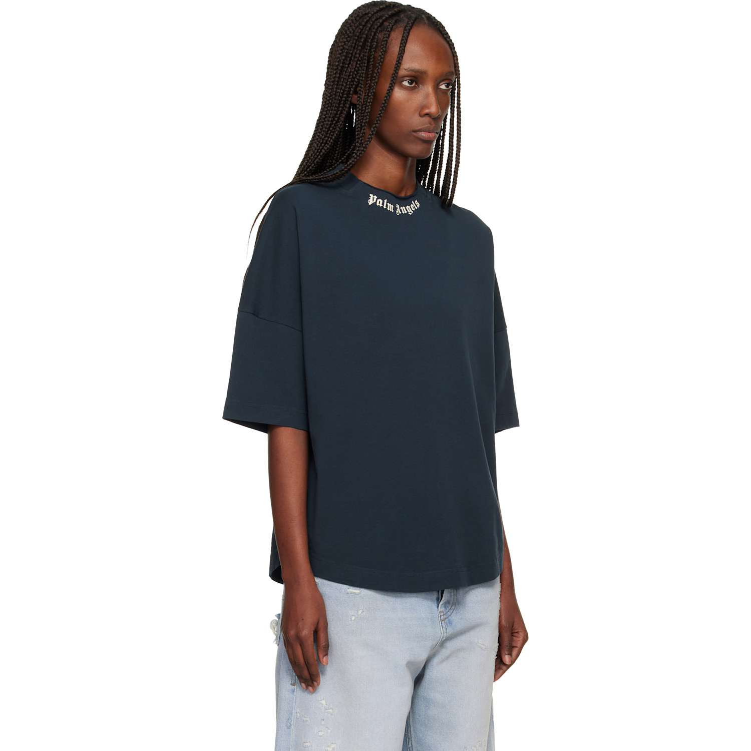  Palm Angels Navy Curved Logo Collar Over T-shirt 