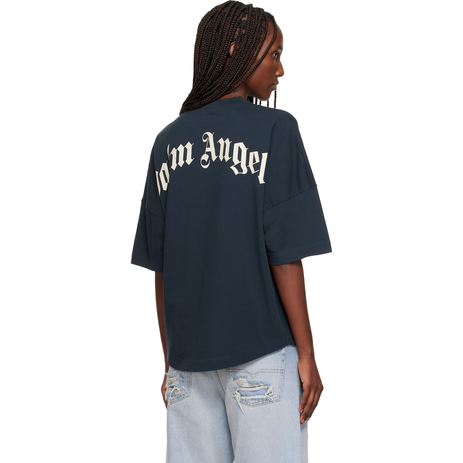  Palm Angels Navy Curved Logo Collar Over T-shirt 