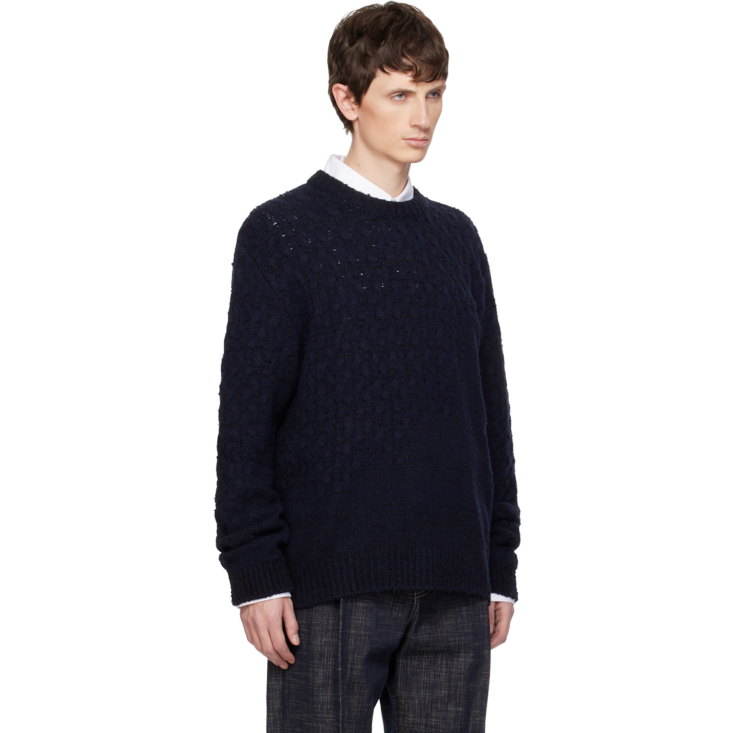  Wooyoungmi Navy Wool Blend Cable Sweater 