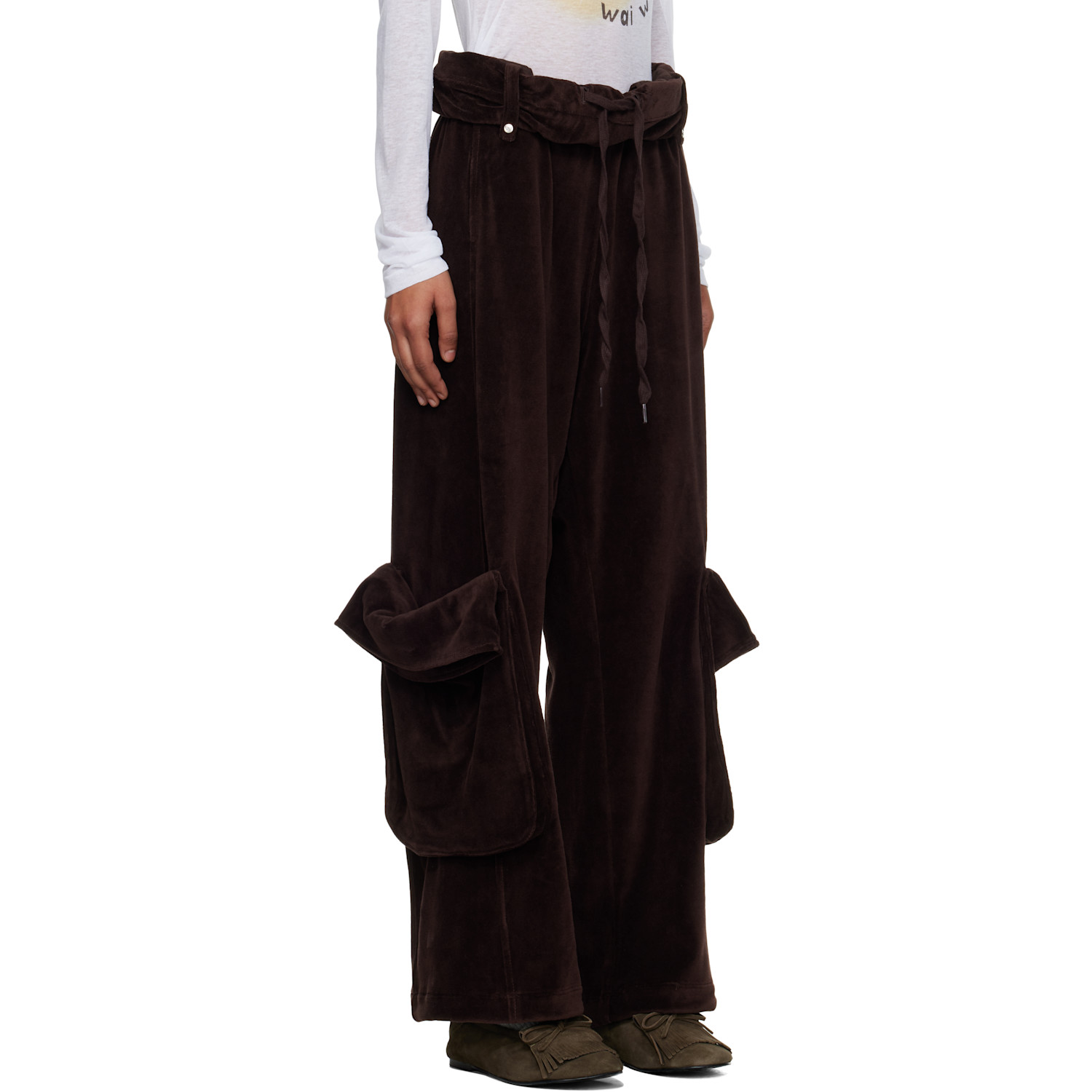  Open Yy Brown Rolled Waist Velour Cargo Pants 