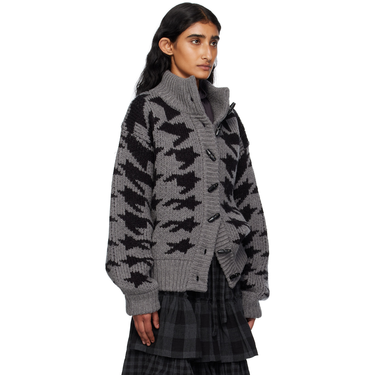 Open Yy Gray Hound's Tooth Star Cowichan Cardigan 
