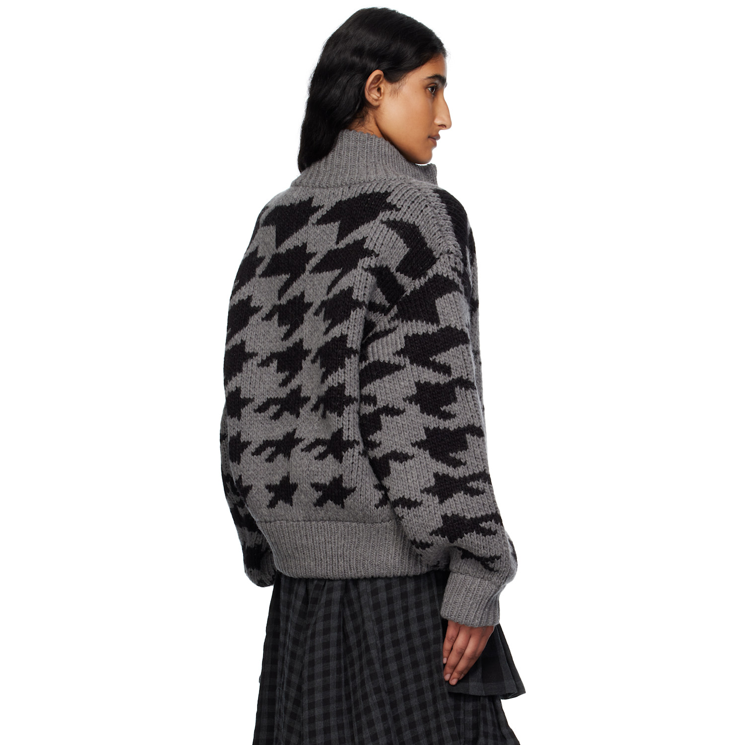 Open Yy Gray Hound's Tooth Star Cowichan Cardigan 