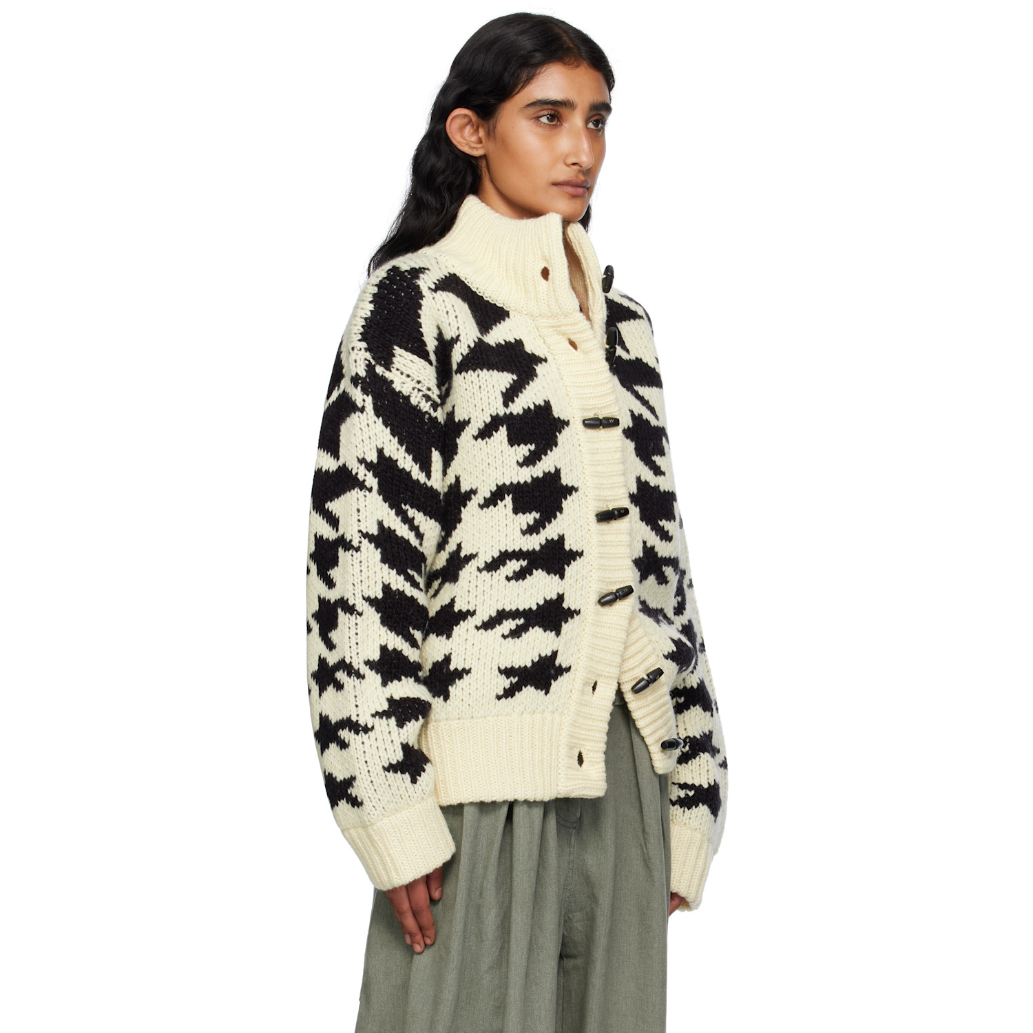  Open Yy Off-white & Black Hound's Tooth Star Cowichan Cardigan 