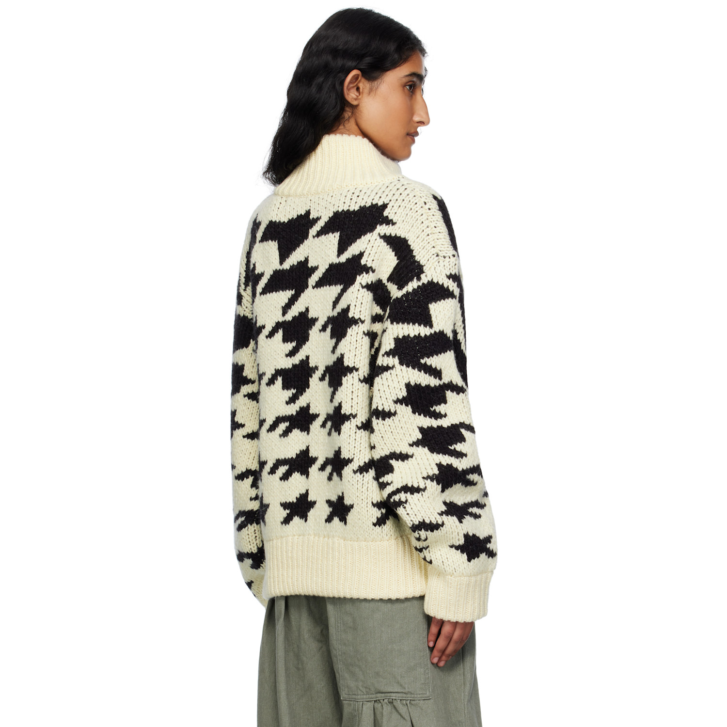  Open Yy Off-white & Black Hound's Tooth Star Cowichan Cardigan 