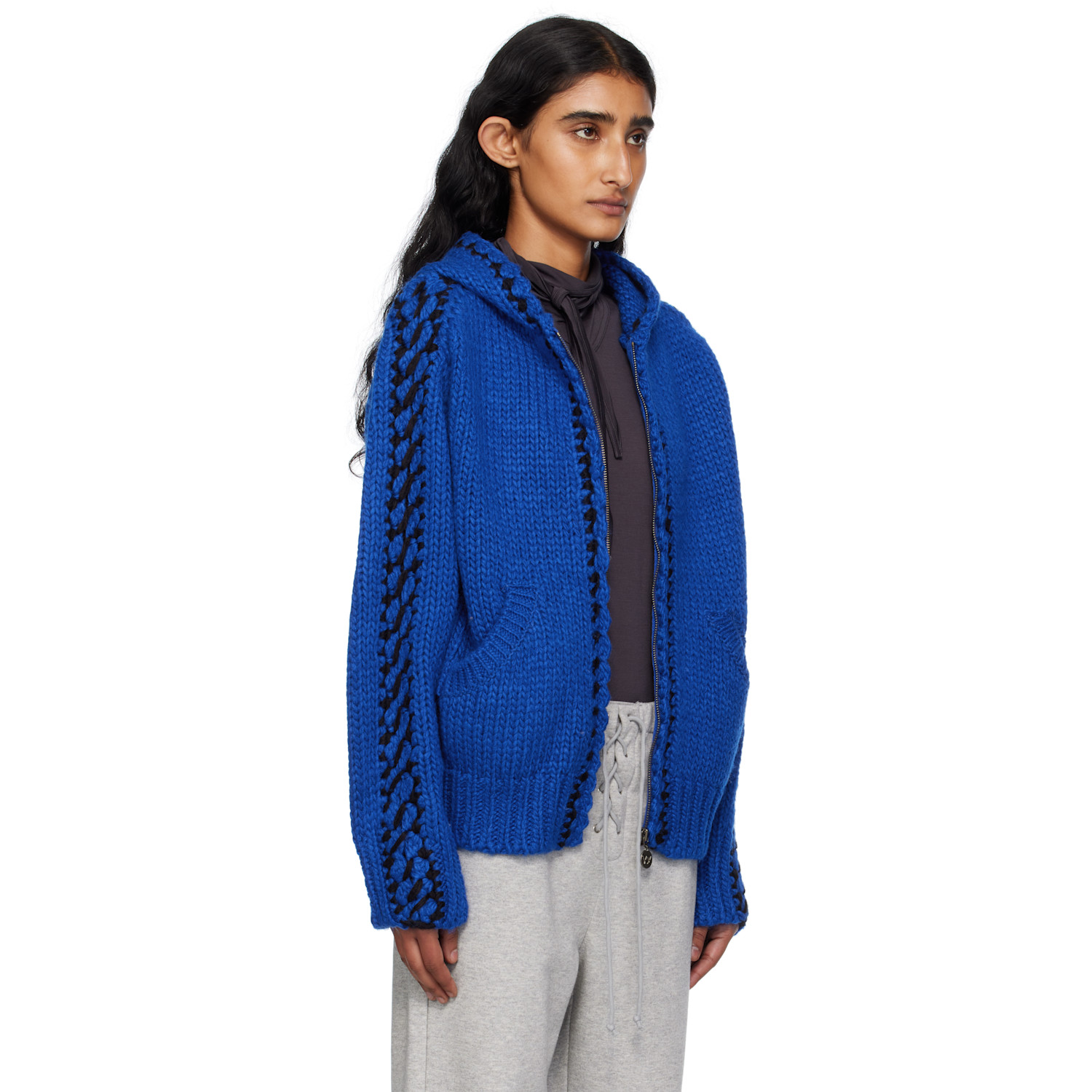  Open Yy Blue Stitch Zip Up Knit Hoodie 