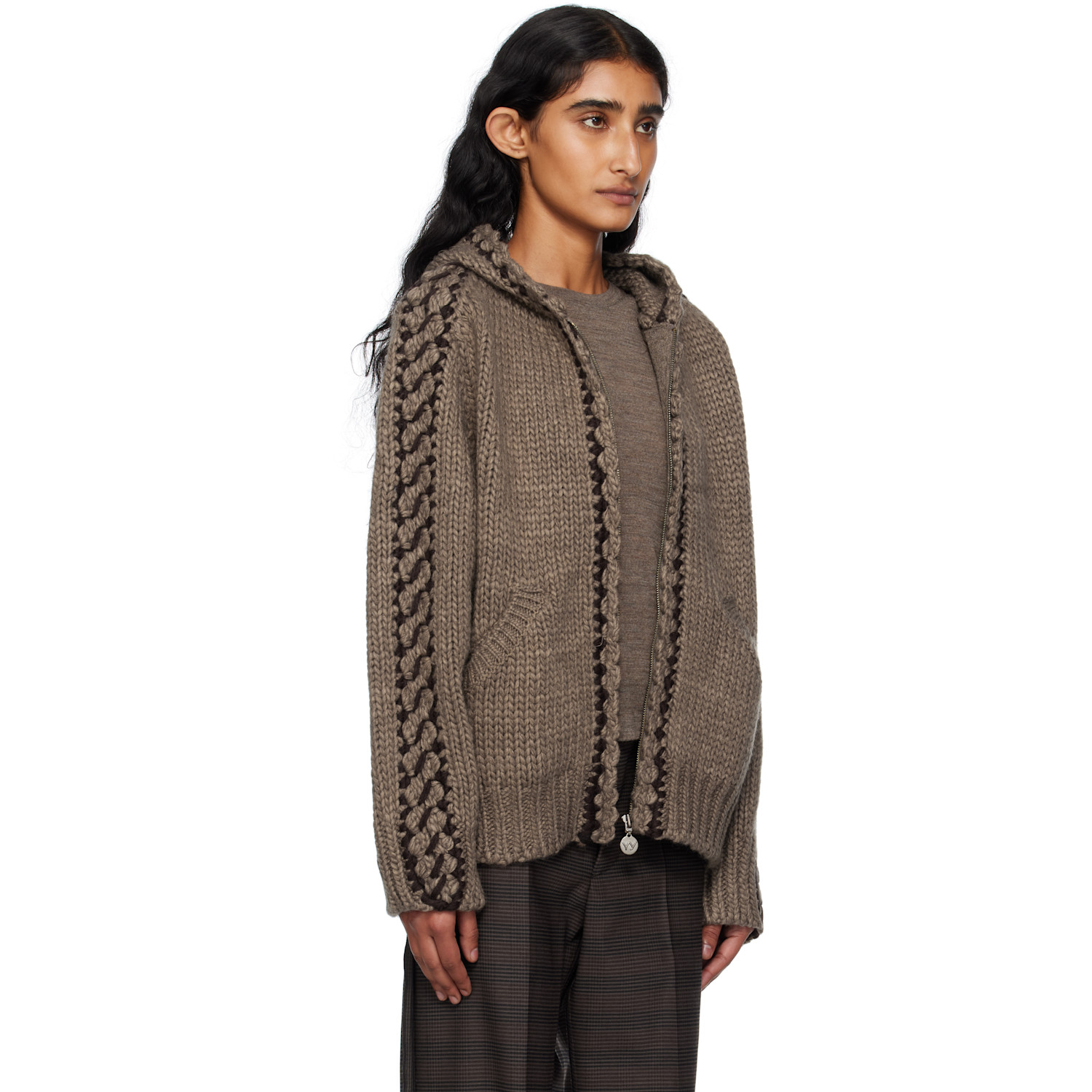  Open Yy Brown Stitch Zip Up Knit Hoodie 