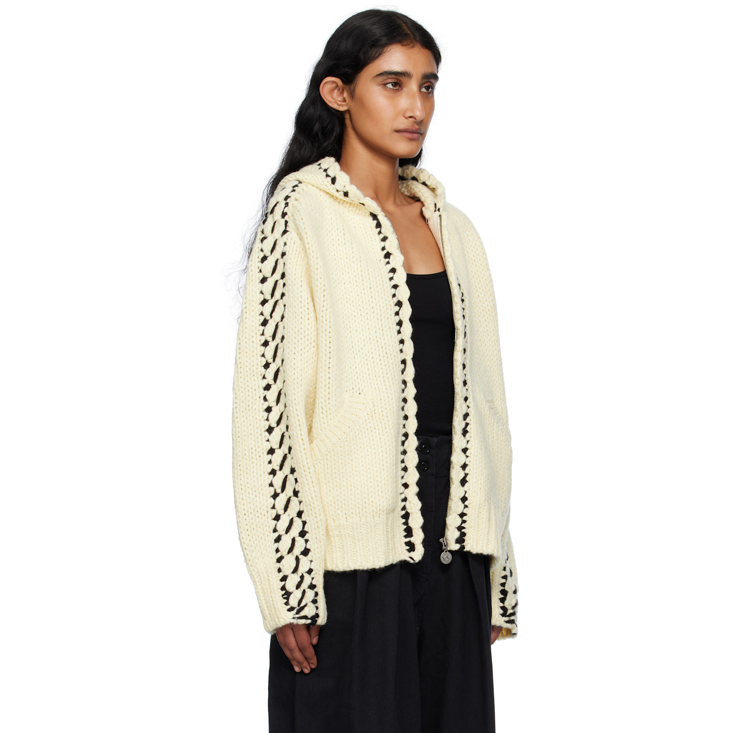  Open Yy Beige Stitch Zip Up Knit Hoodie 