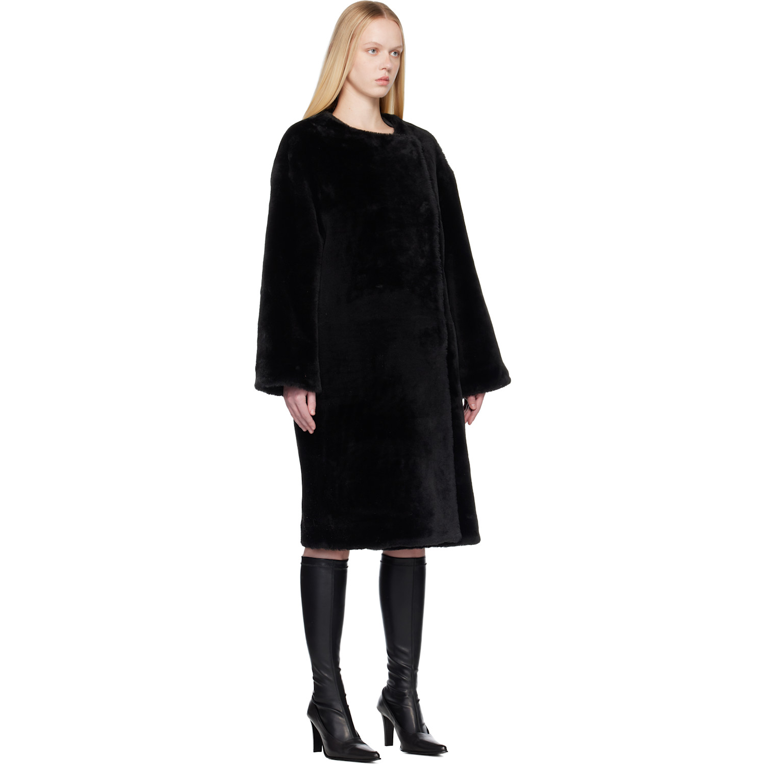  Toteme Black Collarless Shearling Coat 