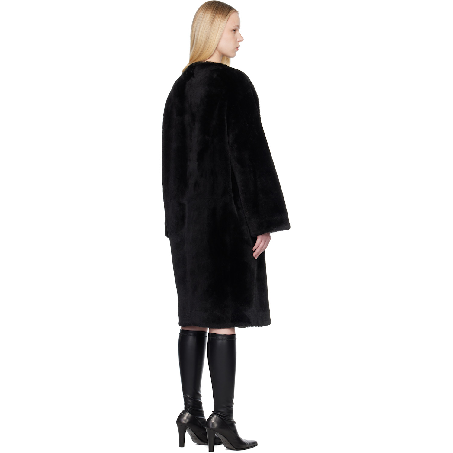  Toteme Black Collarless Shearling Coat 