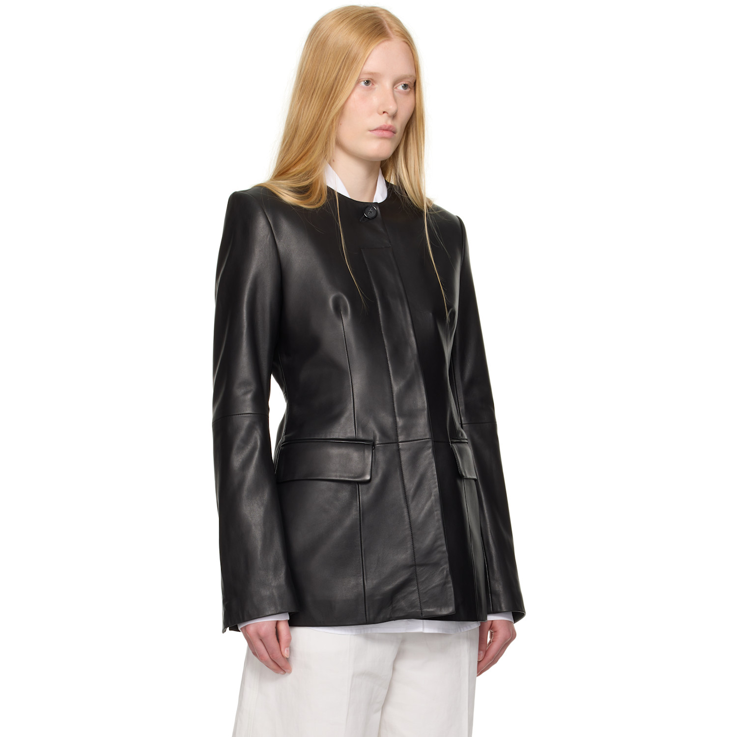  Toteme Black Collarless Leather Jacket 