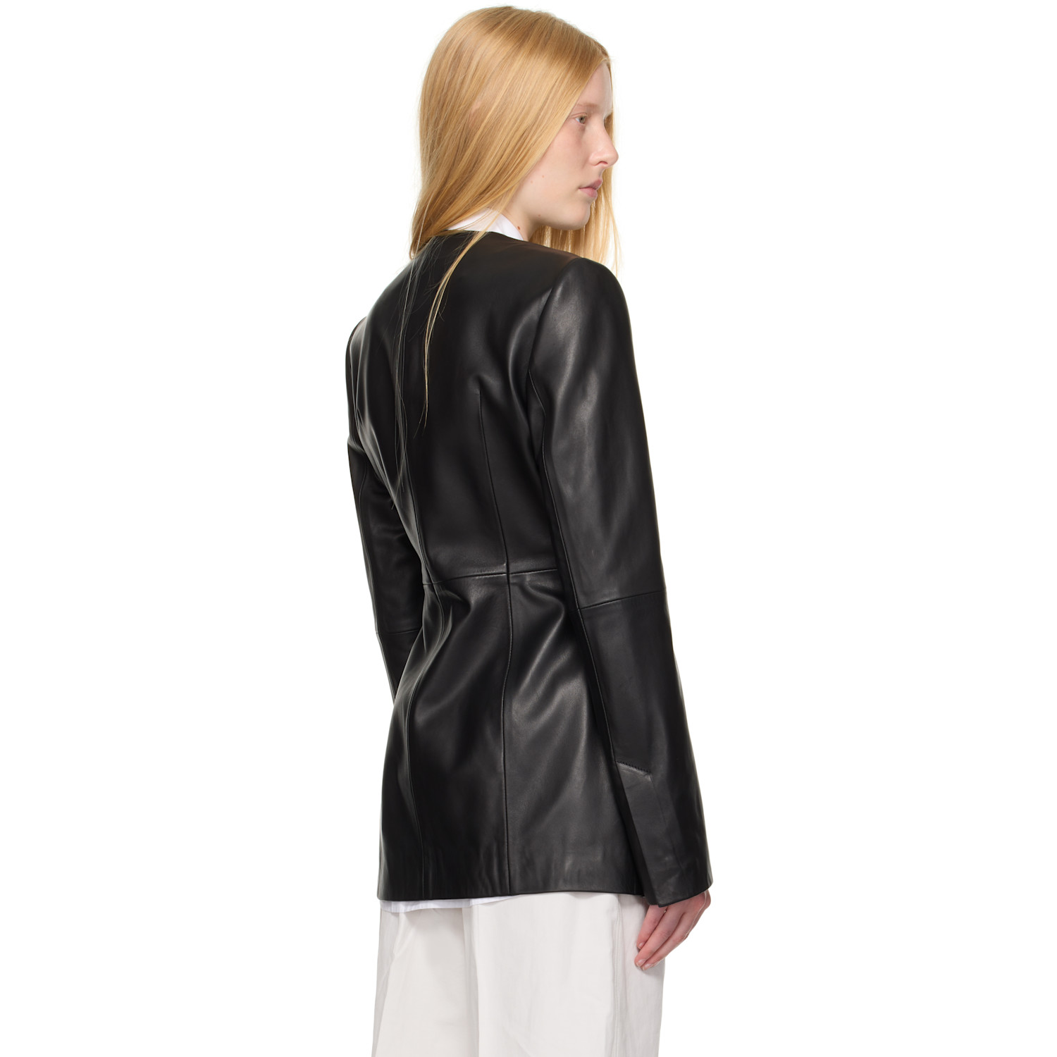  Toteme Black Collarless Leather Jacket 