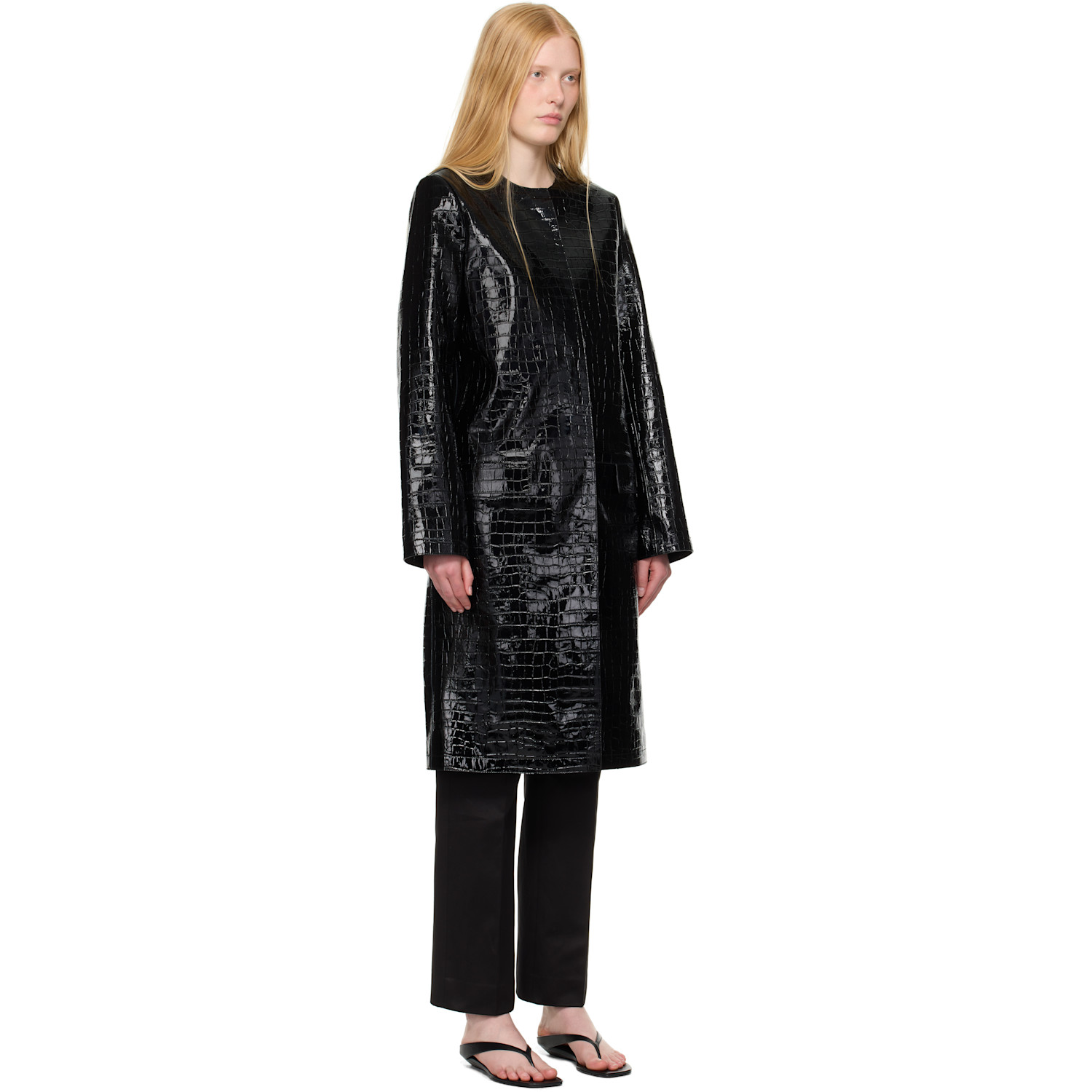  Toteme Black Croco-embossed Leather Coat 