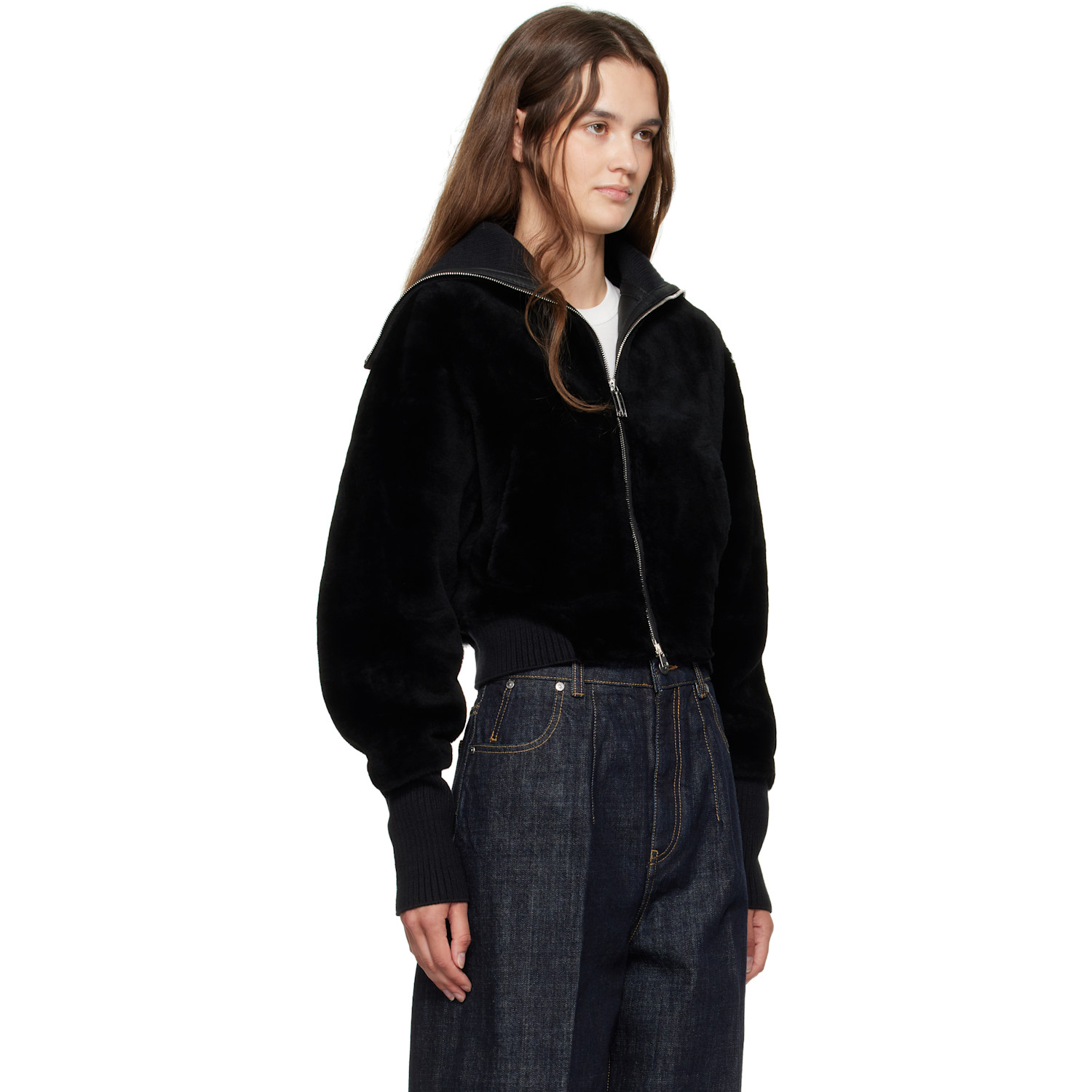  Victoria Beckham Black Zip Shearling Bomber Jacket 