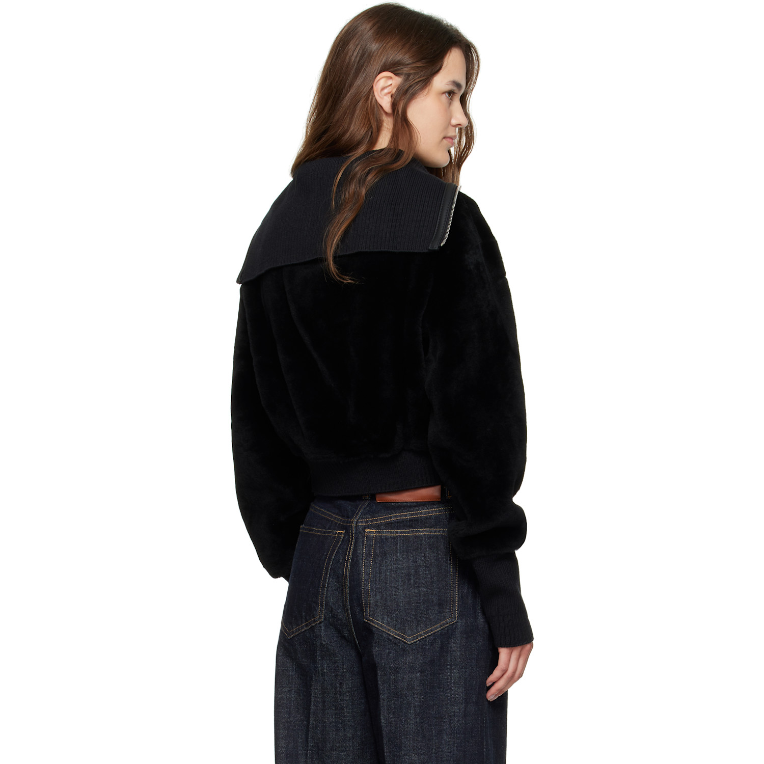  Victoria Beckham Black Zip Shearling Bomber Jacket 
