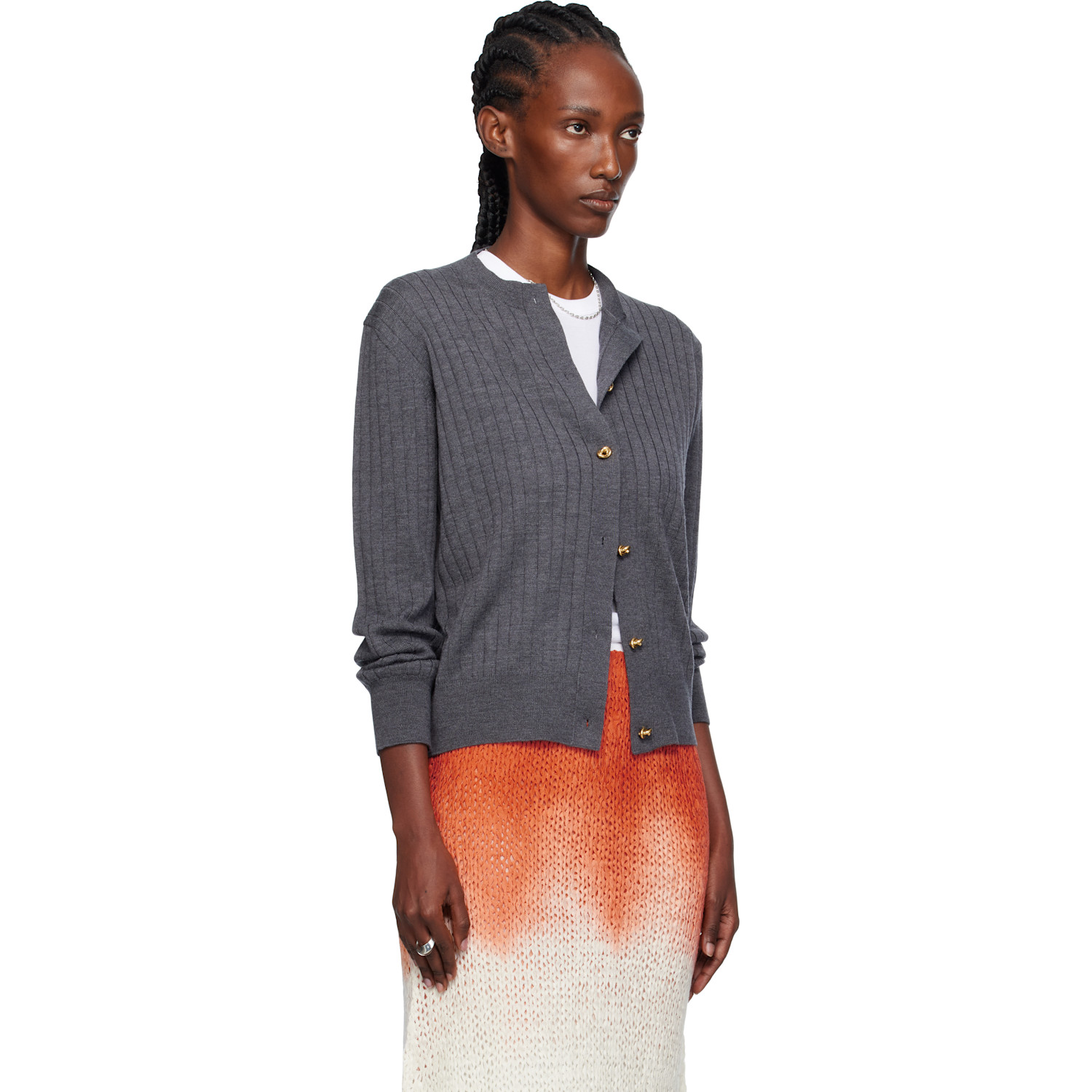  Bottega Veneta Gray Wool Rib Cardigan 