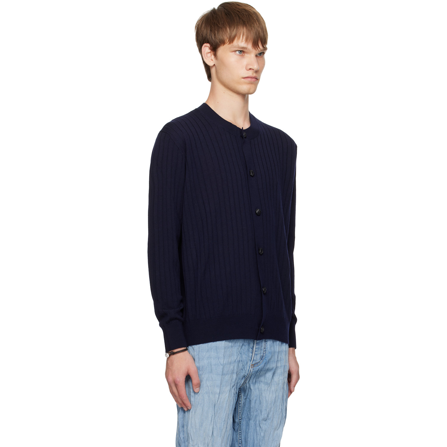  Bottega Veneta Navy Wool Rib Cardigan 