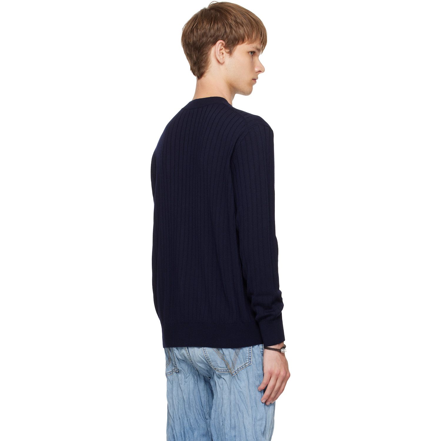  Bottega Veneta Navy Wool Rib Cardigan 