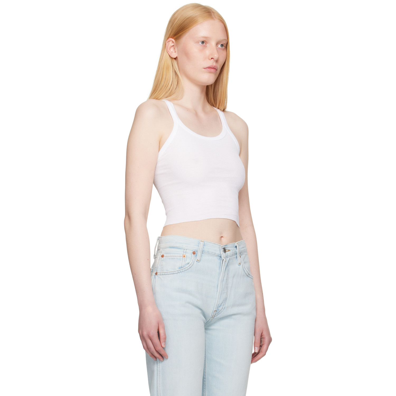  Re/done White Hanes Edition Cropped Ribbed Tank Top 
