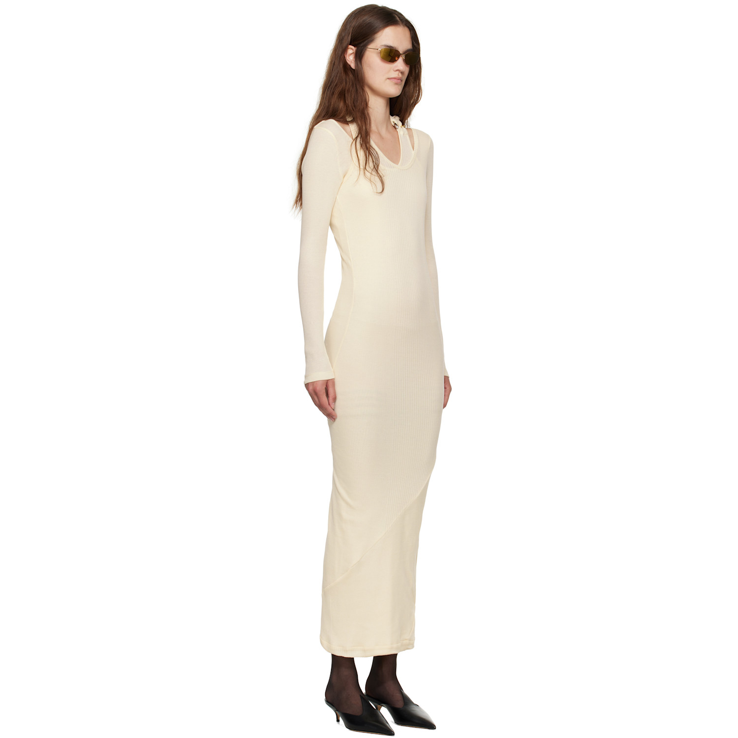  Jean Paul Gaultier Off-white Ribbed Twisted Double Layer Piercing Midi Dress 