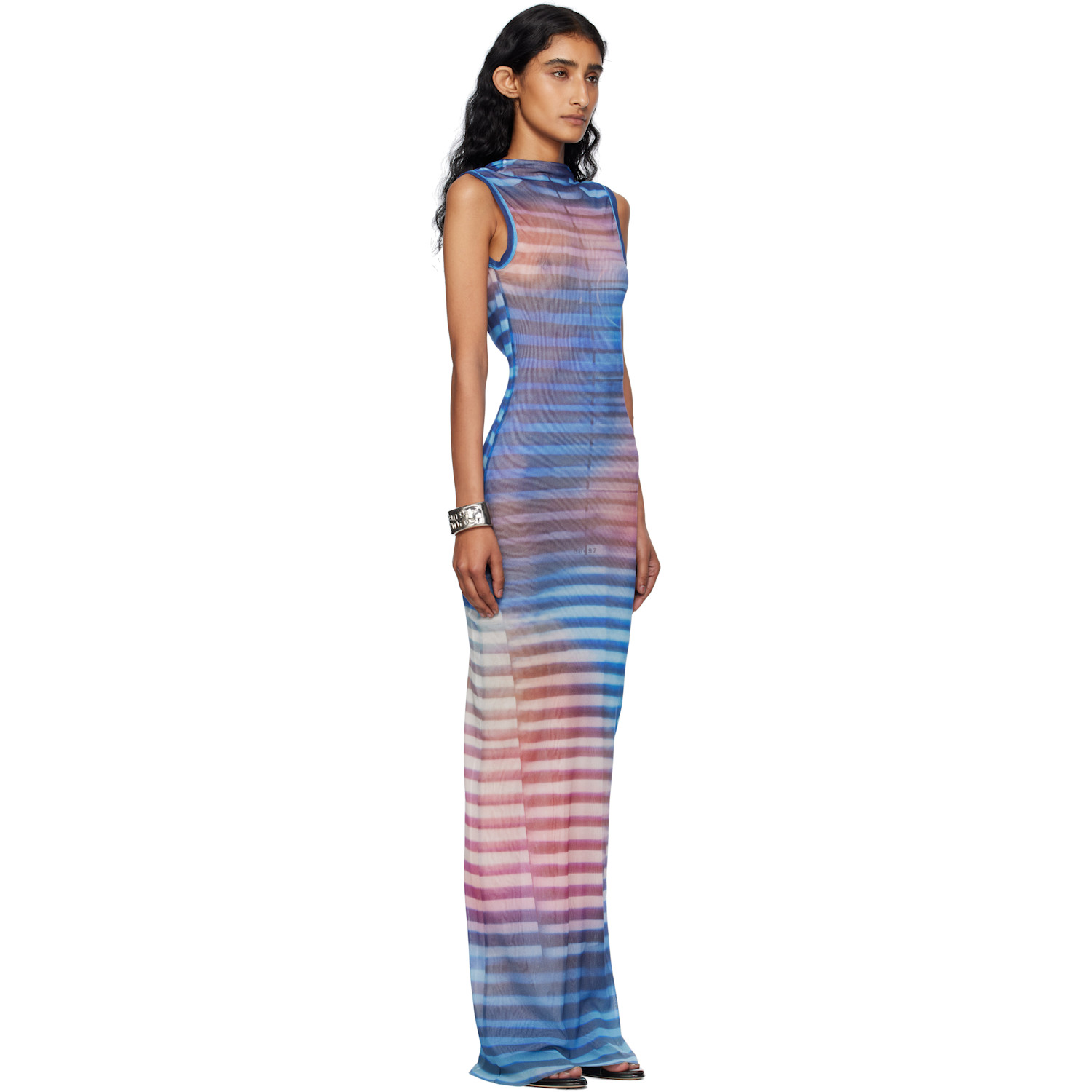  Jean Paul Gaultier Blue & Pink High Neck Open Back Printed Air Maxi Dress 