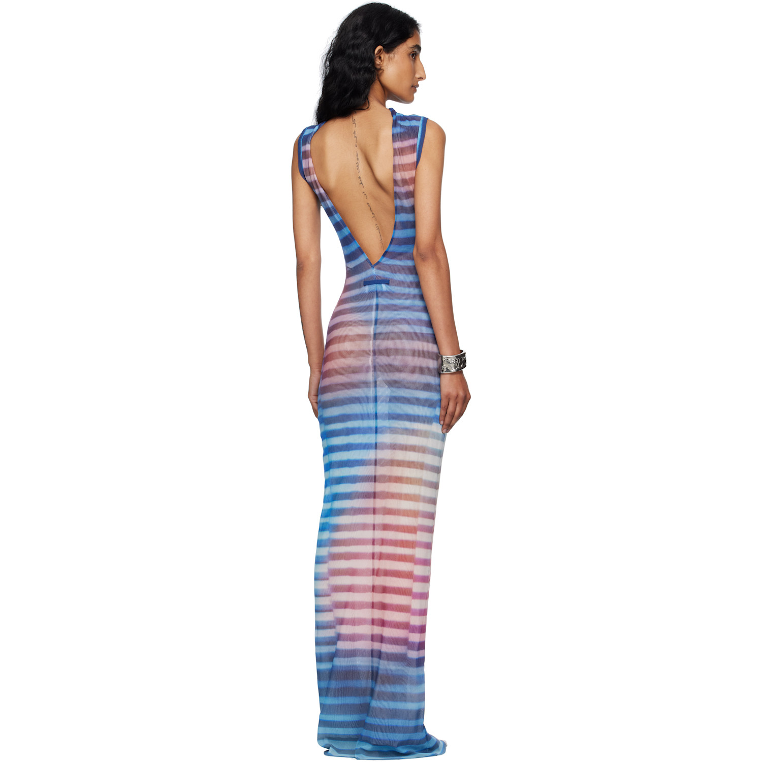  Jean Paul Gaultier Blue & Pink High Neck Open Back Printed Air Maxi Dress 