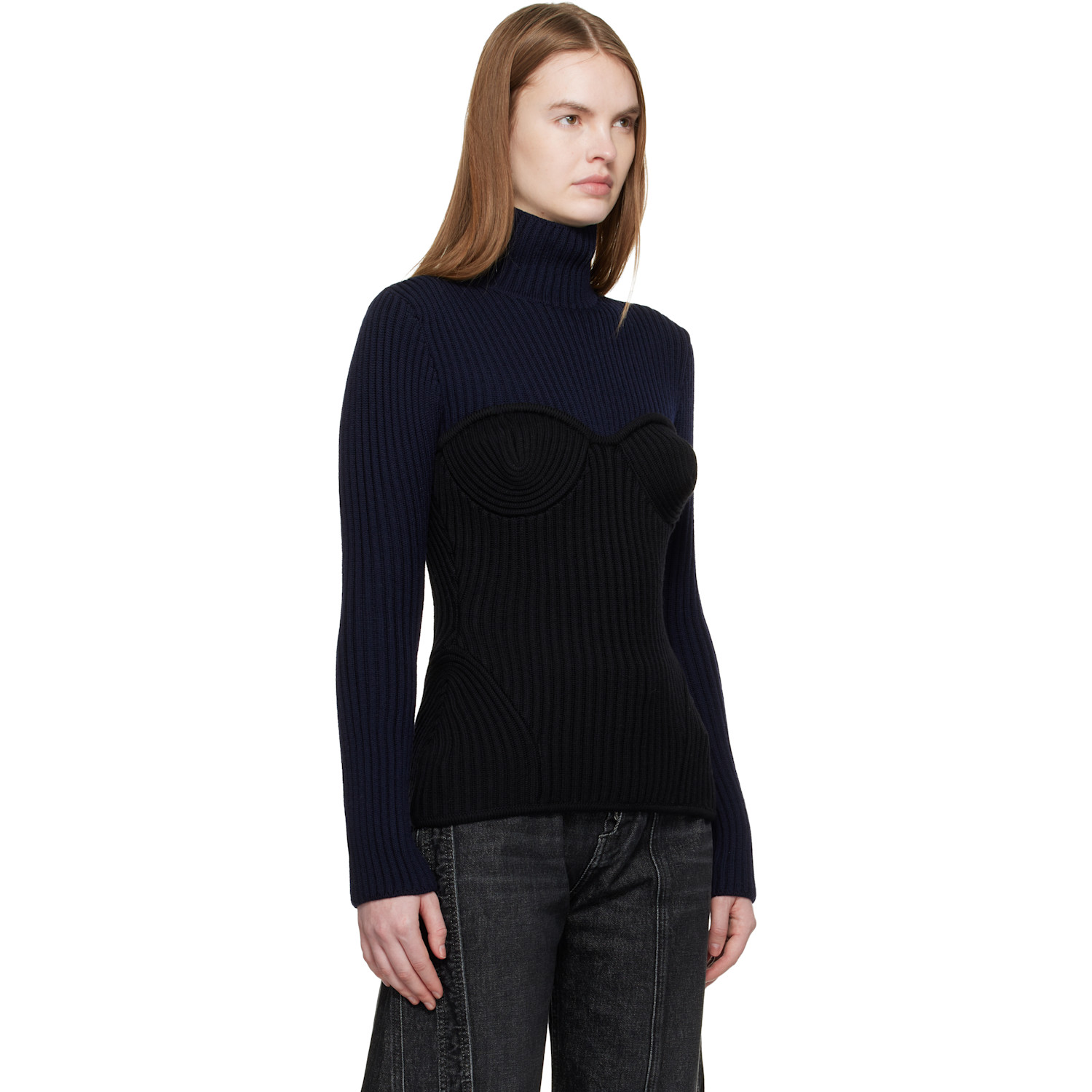  Jean Paul Gaultier Navy & Black Stretch Merino Wool Ribbed Turtleneck 
