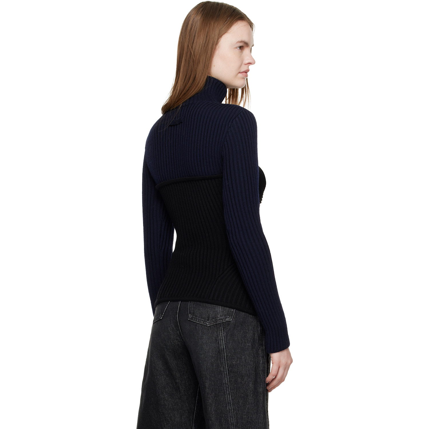  Jean Paul Gaultier Navy & Black Stretch Merino Wool Ribbed Turtleneck 