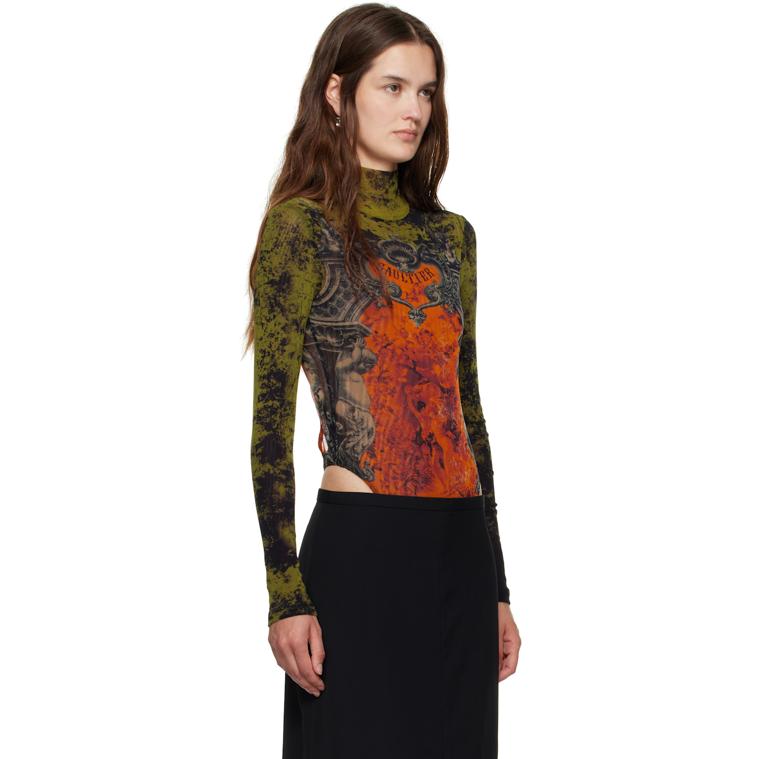  Jean Paul Gaultier Khaki & Orange 'the Médaillon' Open Back Bodysuit 