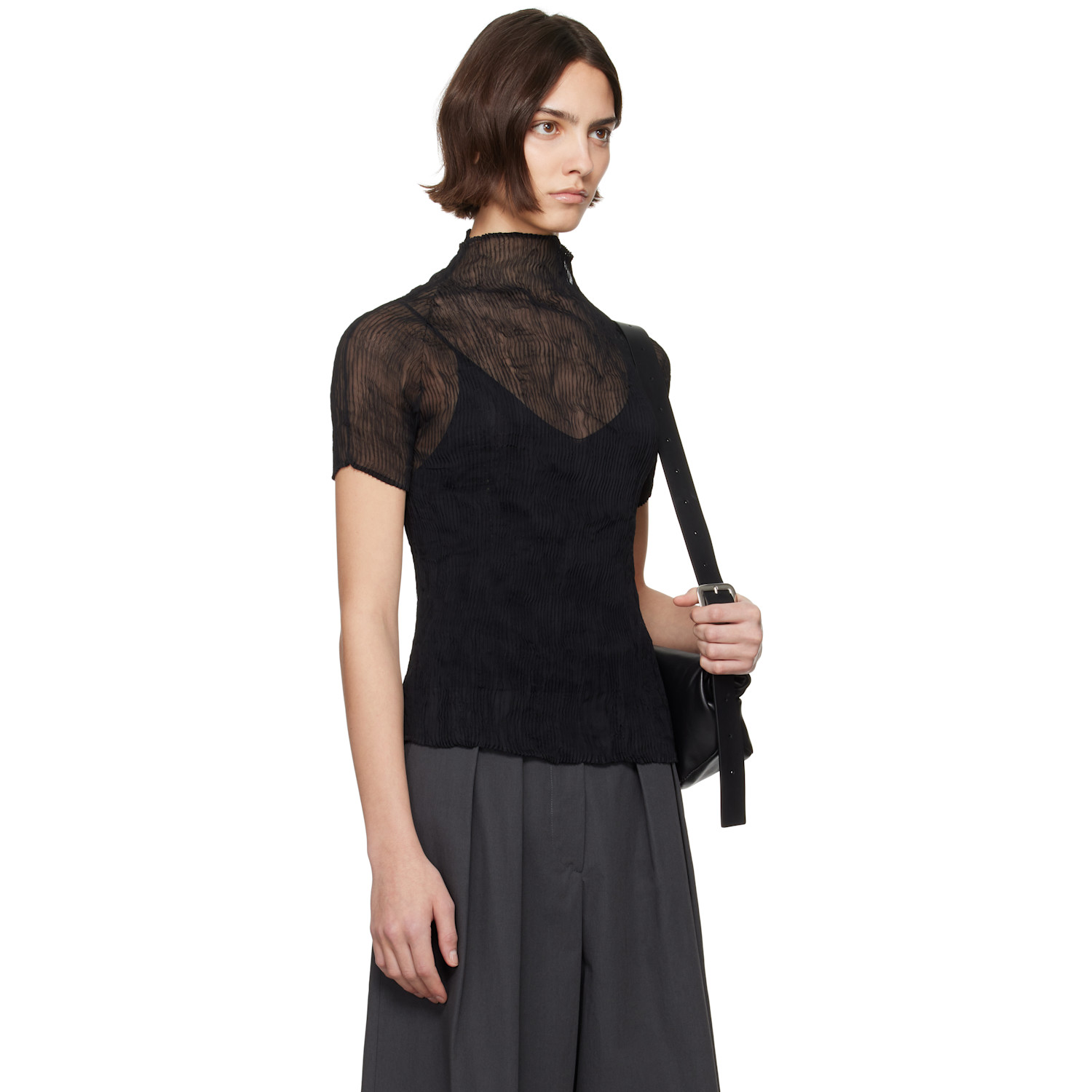  Issey Miyake Black Chiffon Twist Bk/wt-56 Turtleneck 