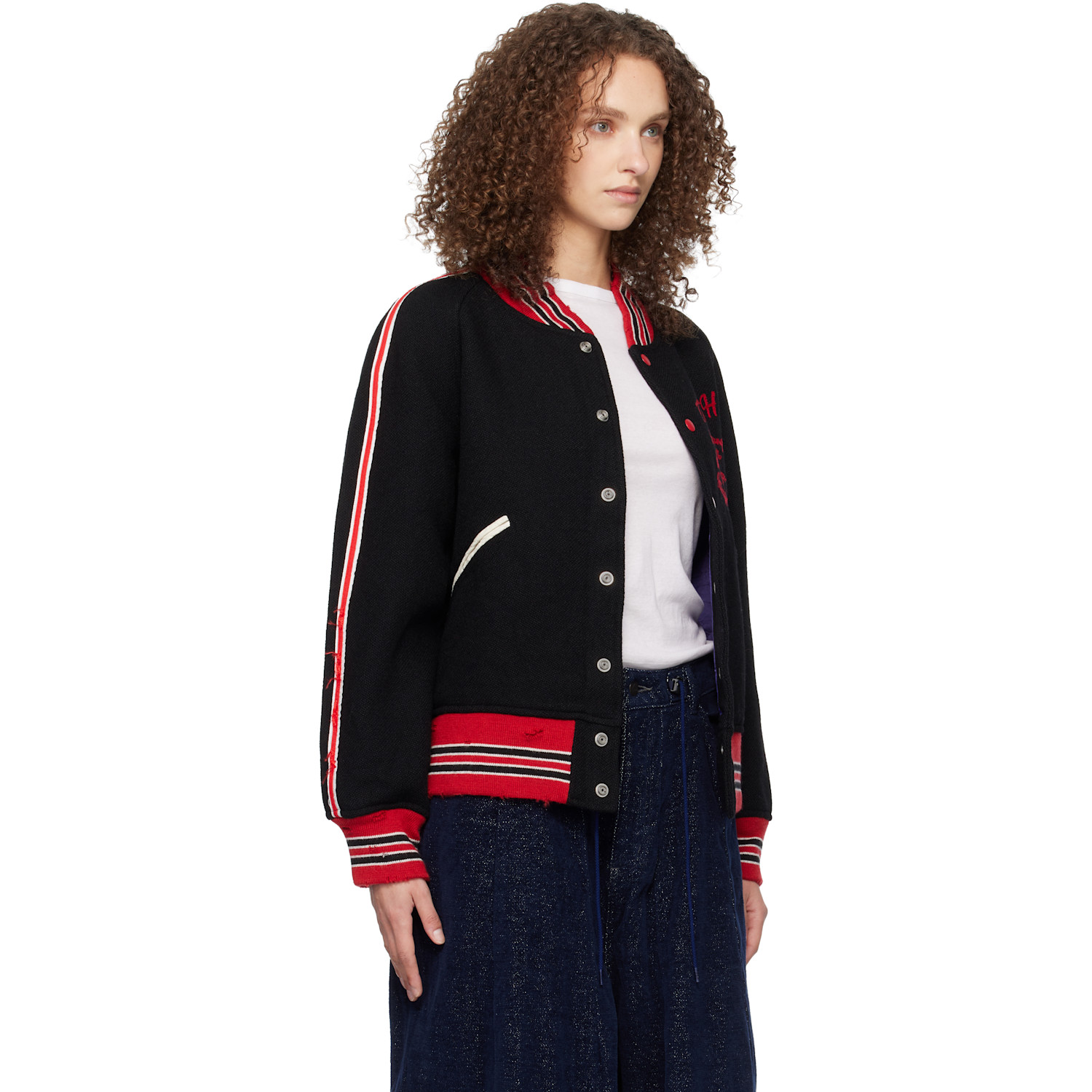  Needles Black Deconstructed Letter Bomber Jacket 